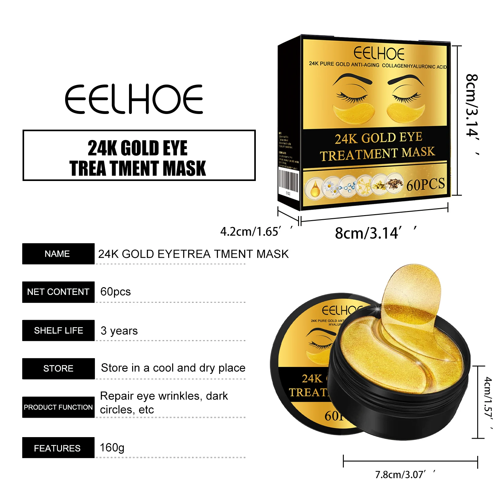 24K Gold Eye Treatment Mask Anti-Aging Collagen Hyaluronic Acid 60pcs 1 24k gold eye treatment mask anti aging collagen hyaluronic acid 60pcs cih dbu6ve2b desc 1