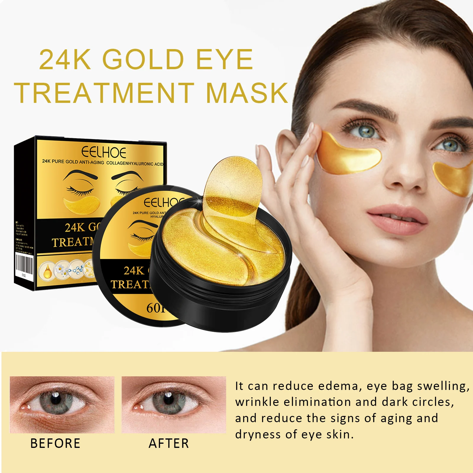 24K Gold Eye Treatment Mask Anti-Aging Collagen Hyaluronic Acid 60pcs 10 24k gold eye treatment mask anti aging collagen hyaluronic acid 60pcs cih dbu6ve2b desc 10