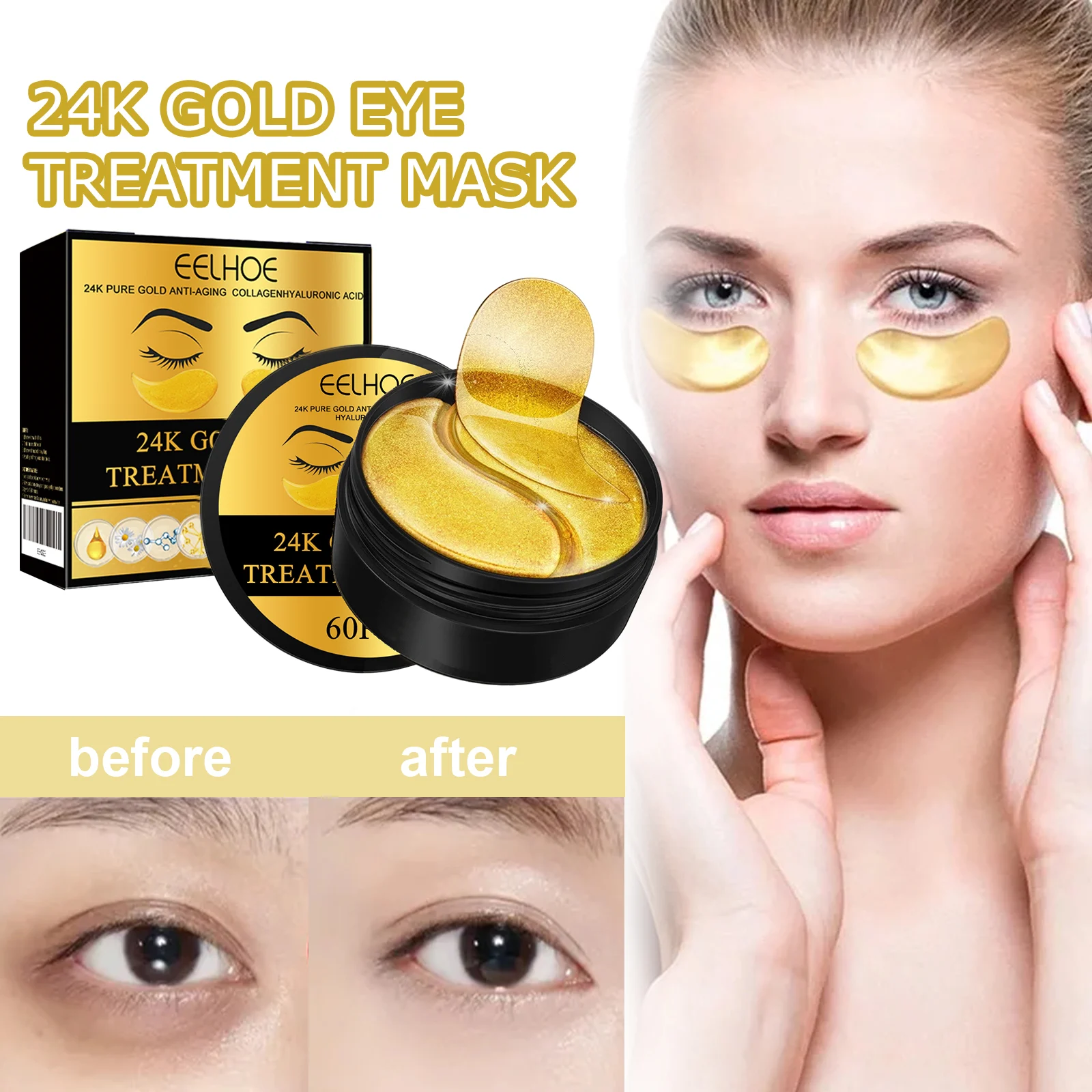 24K Gold Eye Treatment Mask Anti-Aging Collagen Hyaluronic Acid 60pcs 2 24k gold eye treatment mask anti aging collagen hyaluronic acid 60pcs cih dbu6ve2b desc 2