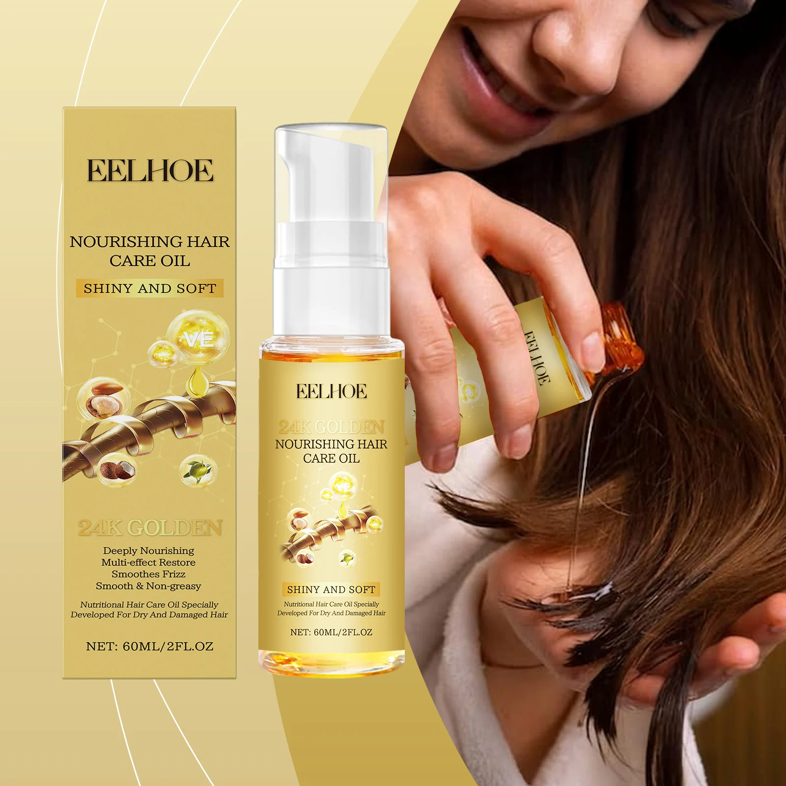 24K Gold Hair Oil 60ml for Deep Nourishing, Frizz Control & Shine 2 24k gold hair oil 60ml cih pkrpztsz desc 2