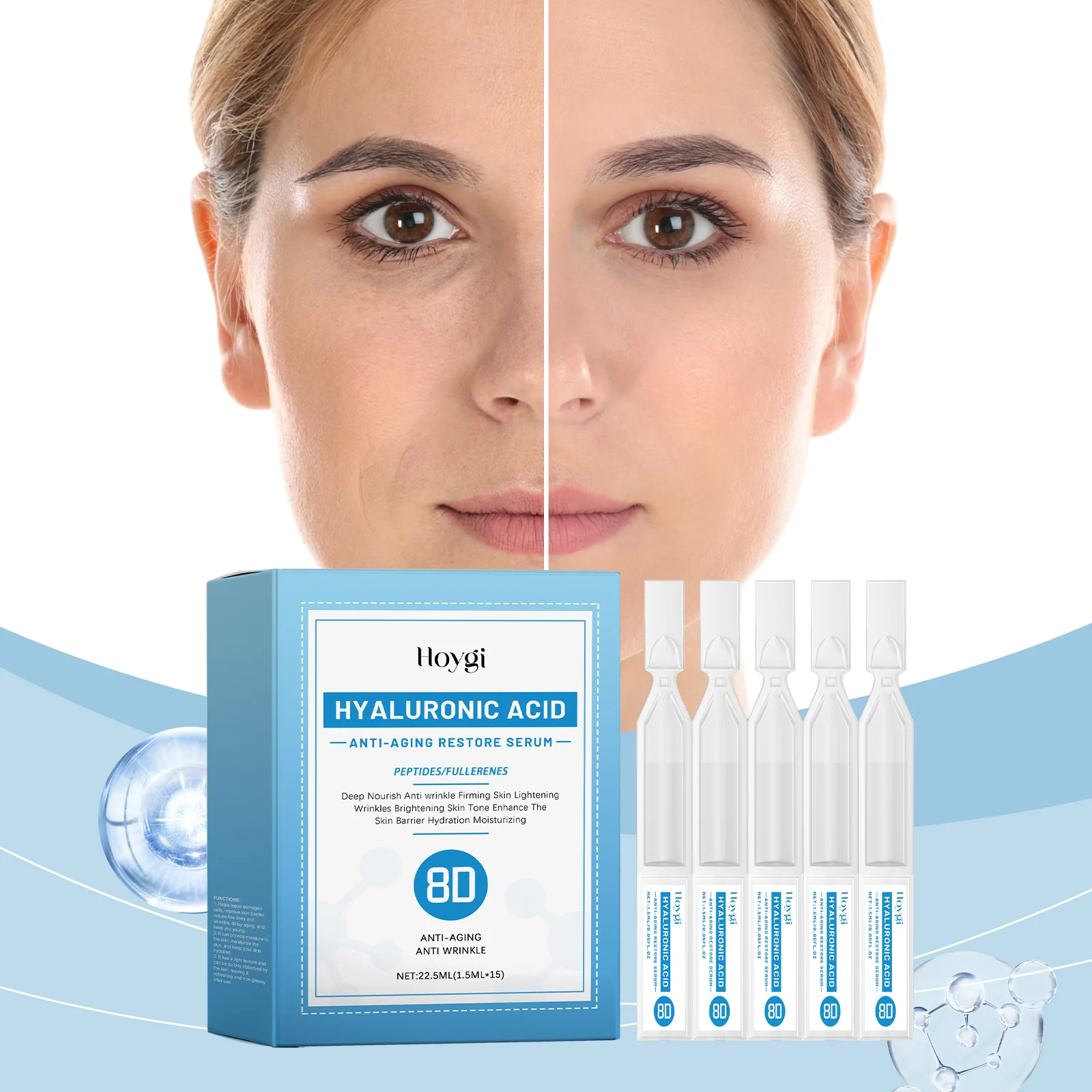 Anti-Aging Restore Serum 22.5ml with Hyaluronic Acid, Peptides & Fullerene for Deep Hydration and Firming 2 anti aging restore serum 22ml hyaluronic acid peptides fullerene cih mm5tcpff desc 2