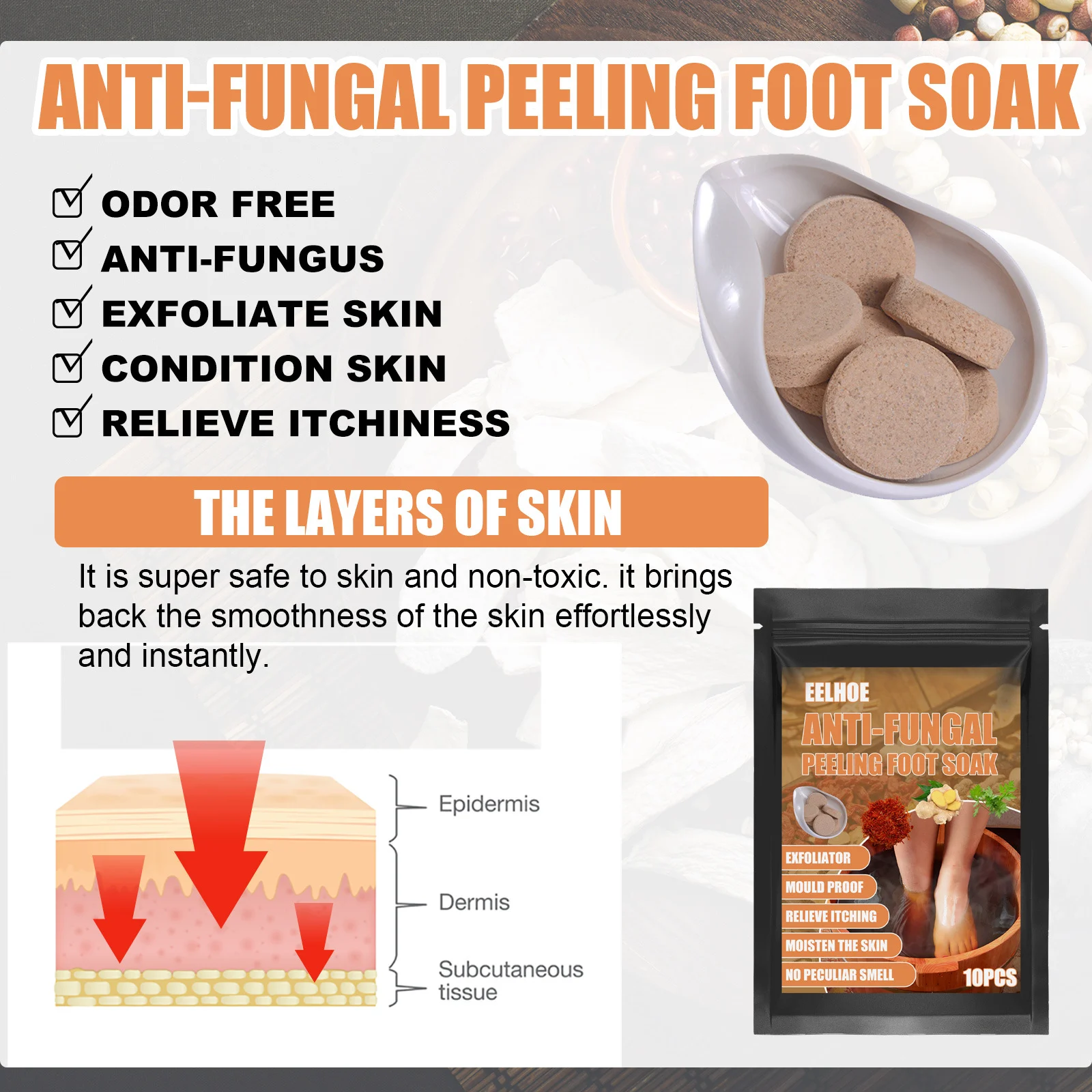 Anti-Fungal Peeling Foot Soak Tablets with Ginger for Exfoliation & Nail Care 6 anti fungal peeling foot soak tablets 10pcs cih tfnaytac desc 6
