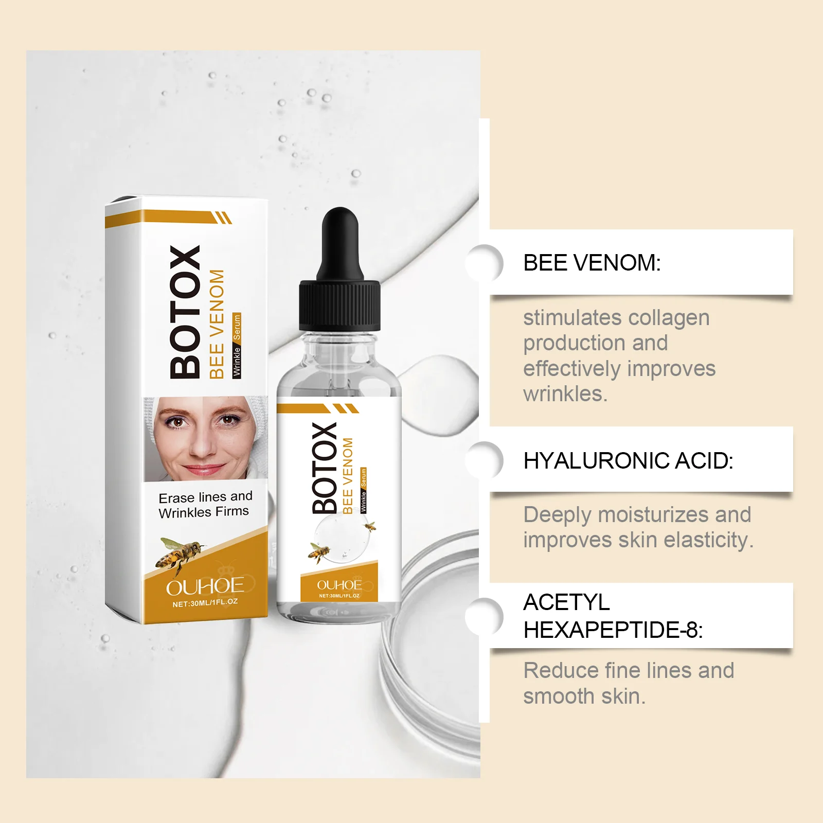 Bee Venom Wrinkle Serum 30ml Anti-Aging Facial Treatment with Hyaluronic Acid & Peptides for Firming and Deep Moisturizing 5 bee venom wrinkle serum 30ml cih c8yegppf desc 5