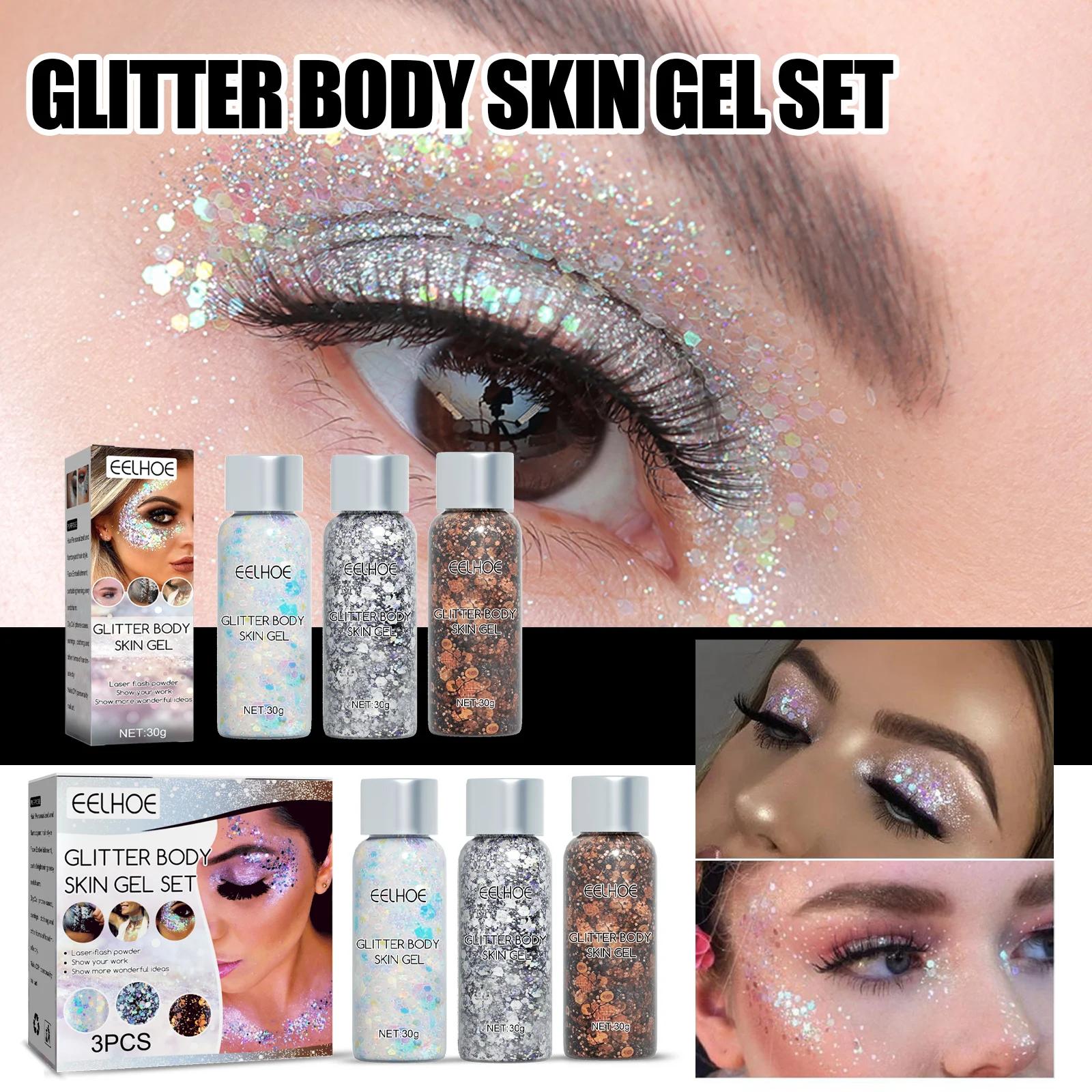 Silver Glitter Body Skin Gel - 3D Laser Flash Powder for Face, Body & Hair - 30g 2 body glitter gel white holographic laser flakes makeup cih as6hqkpa desc 2