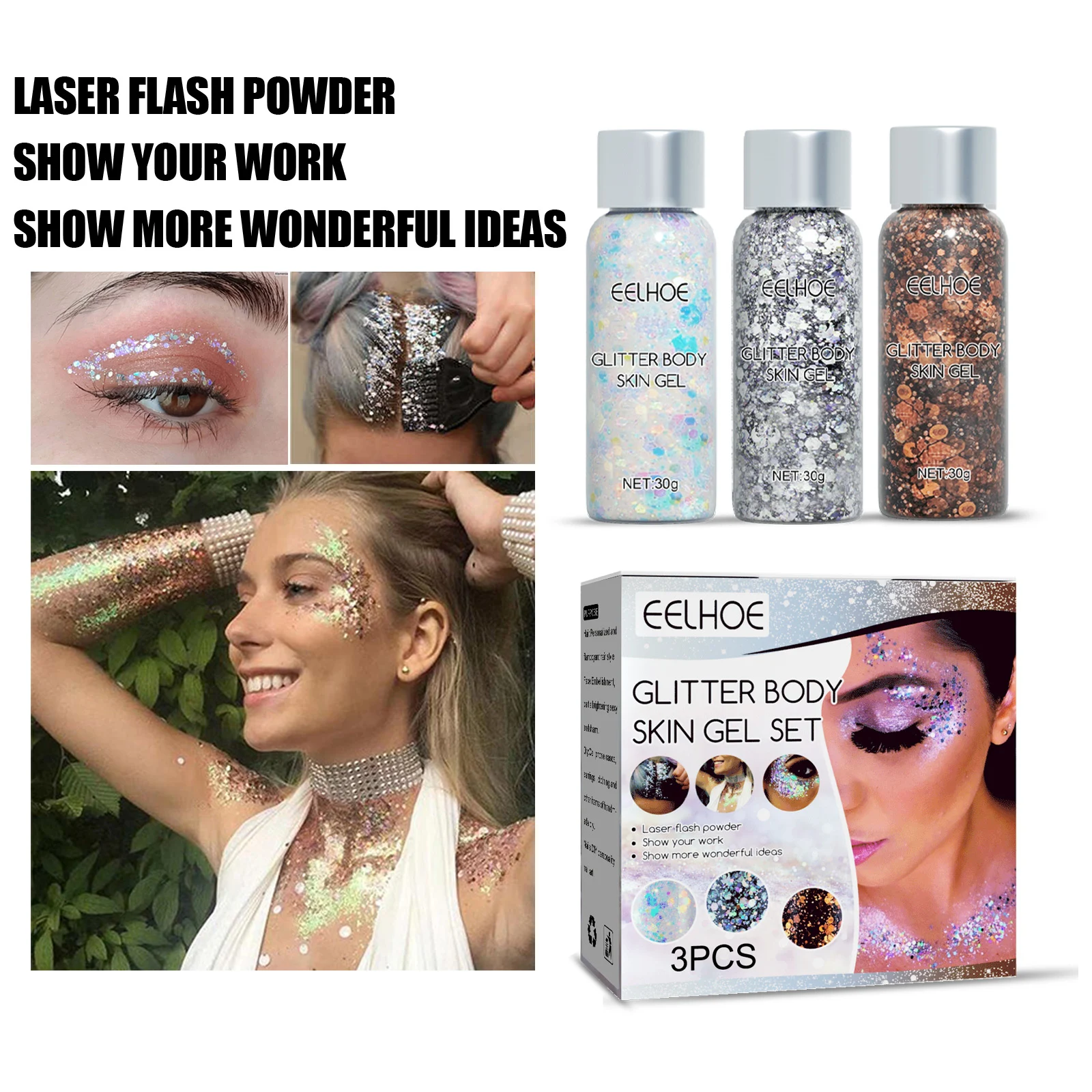 Silver Glitter Body Skin Gel - 3D Laser Flash Powder for Face, Body & Hair - 30g 4 body glitter gel white holographic laser flakes makeup cih as6hqkpa desc 4