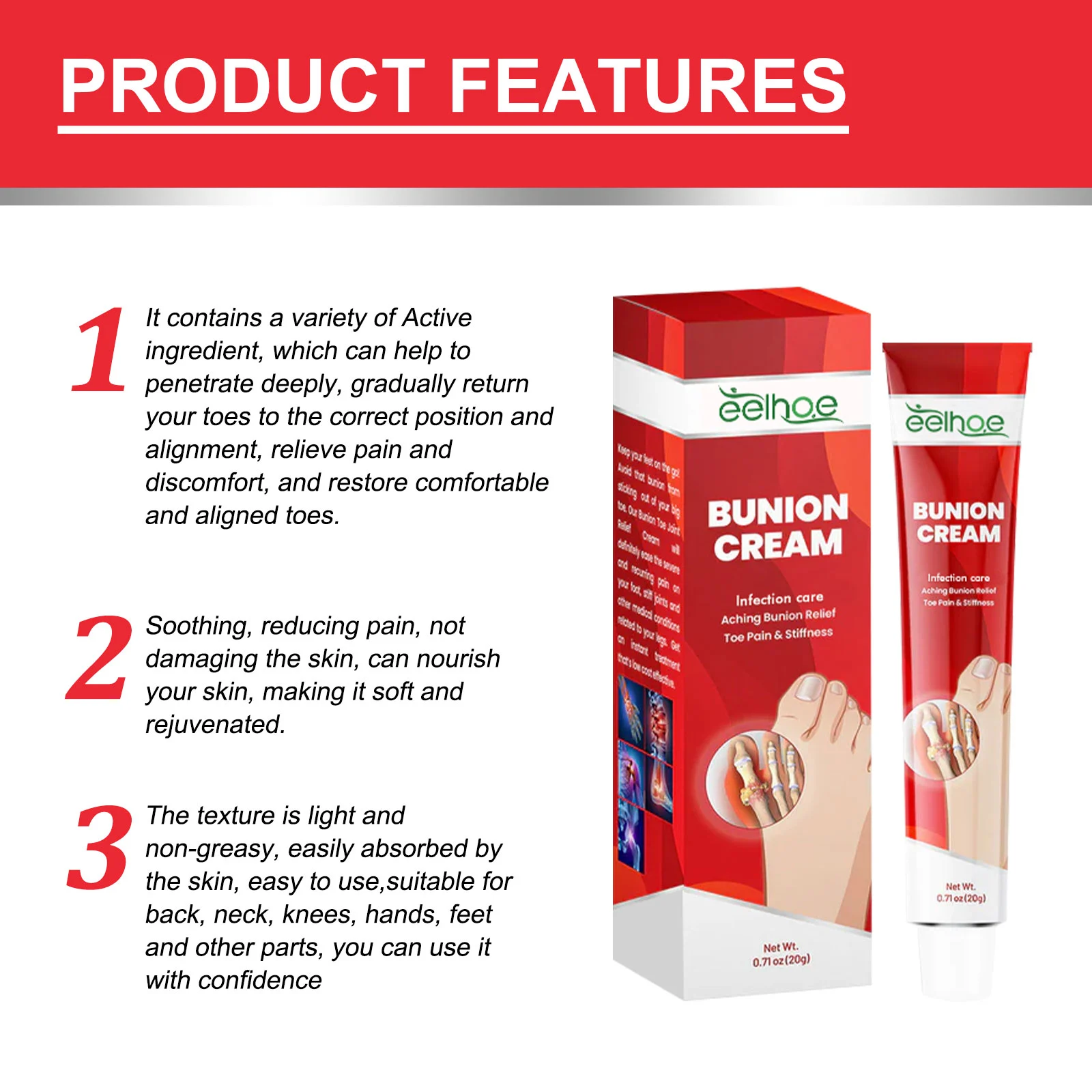 Bunion Cream for Pain Relief, Toe Alignment & Foot Care 20g 5 bunion cream toe alignment pain relief 20g cih fgfphyaq desc 5