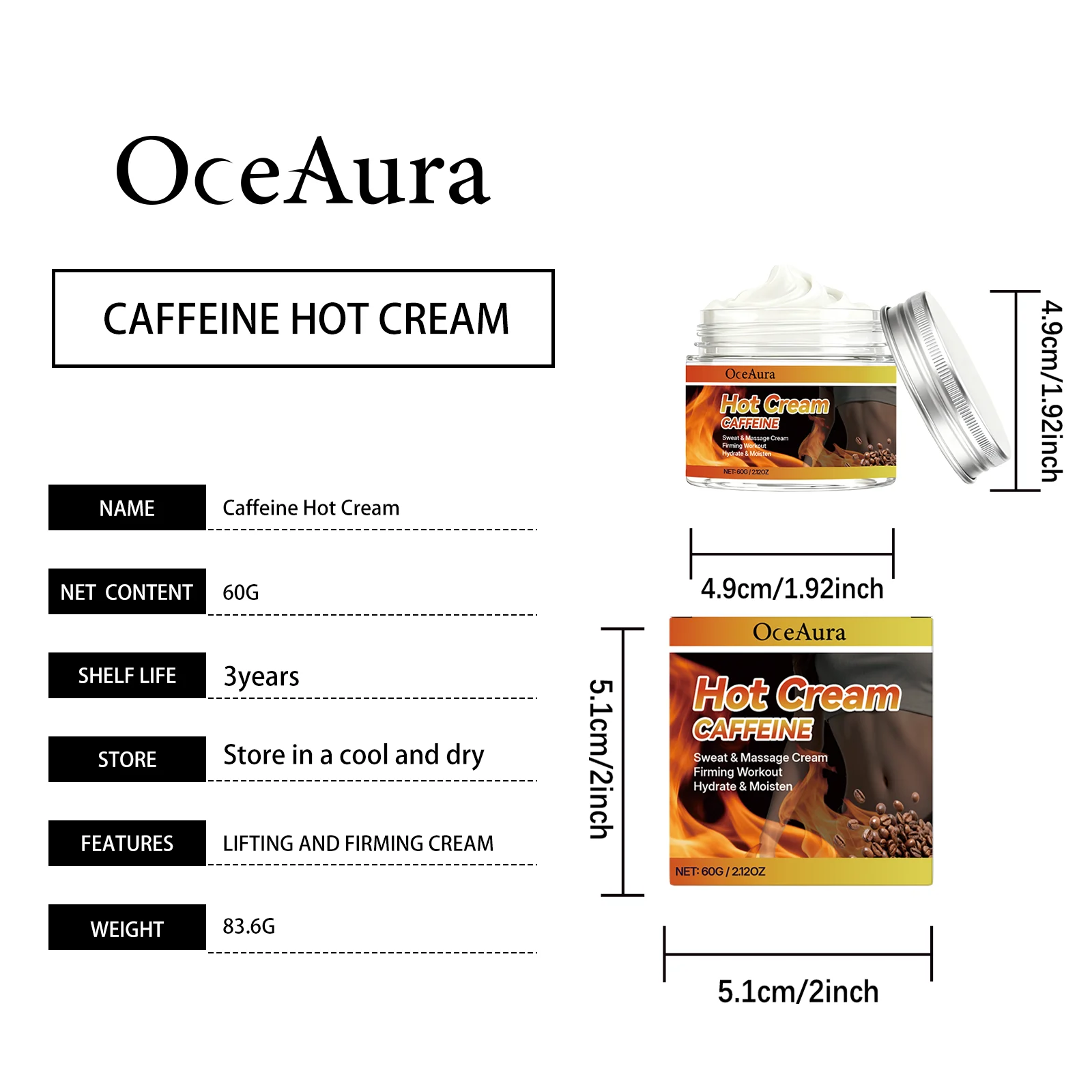 OceAura Caffeine Hot Massage Cream - Firming, Hydrating & Brightening Body Treatment 1 caffeine hot massage cream der tc76596w desc 1