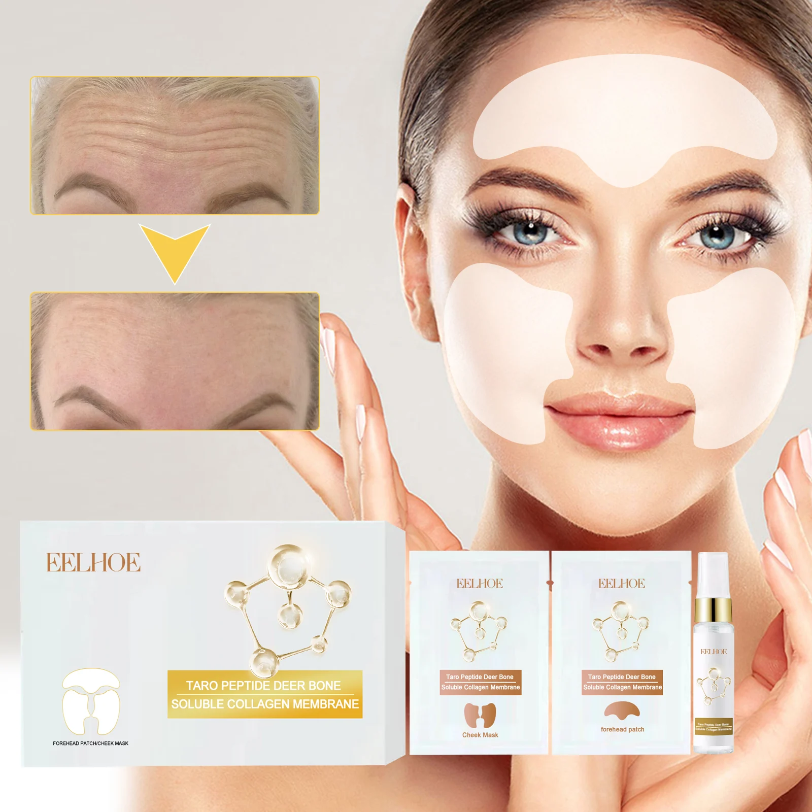 Collagen Facial Mask Patches Set Forehead & Cheek Anti-Wrinkle Soluble Firming Essence Treatment 8 collagen facial mask patches forehead cheek anti wrinkle solvable essence cih 2rzkfa52 desc 8