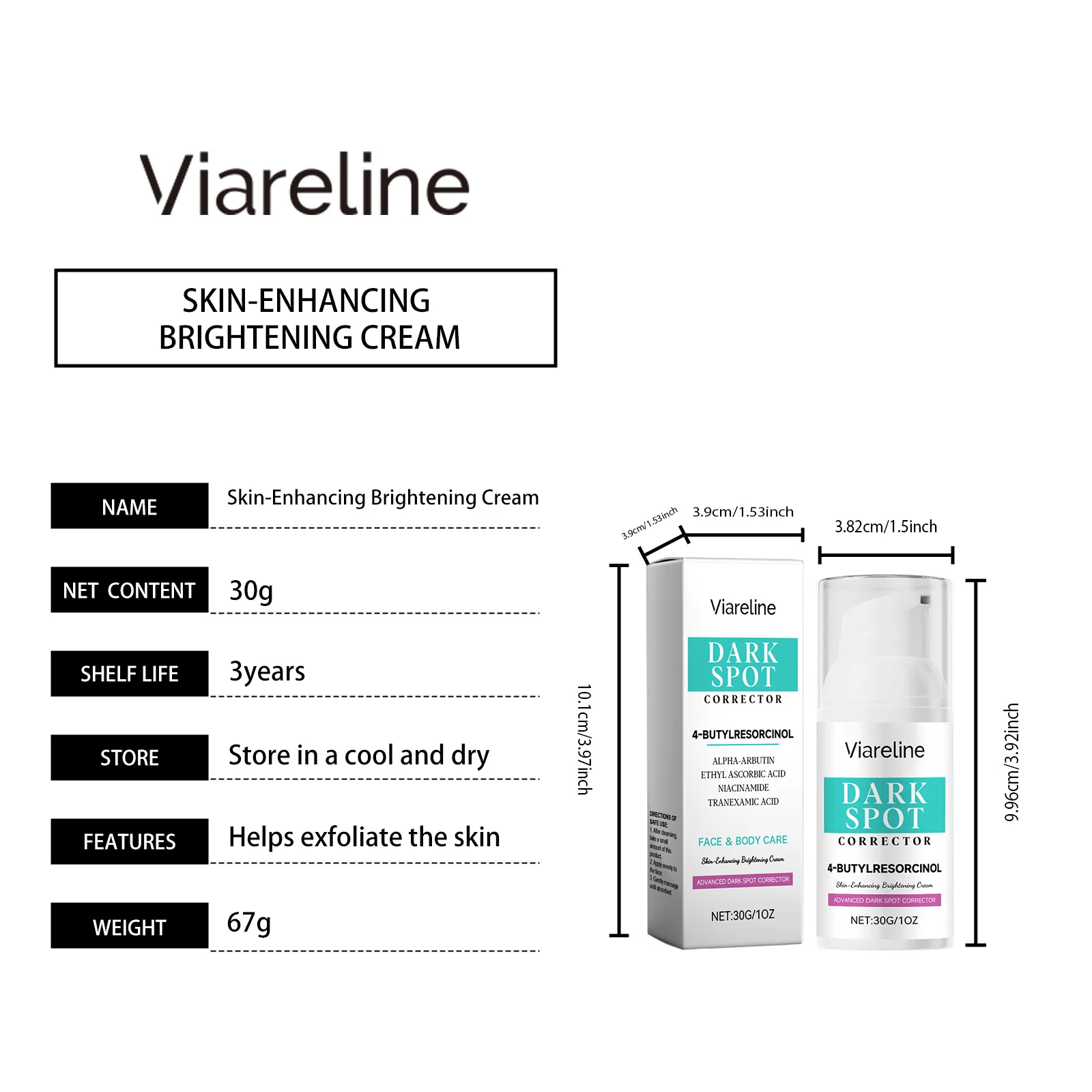 Viareline Dark Spot Corrector Skin-Enhancing Brightening Cream with 4-Butylresorcinol & Hyaluronic Acid 1 dark spot corrector brightening cream der htk4h7jd desc 1