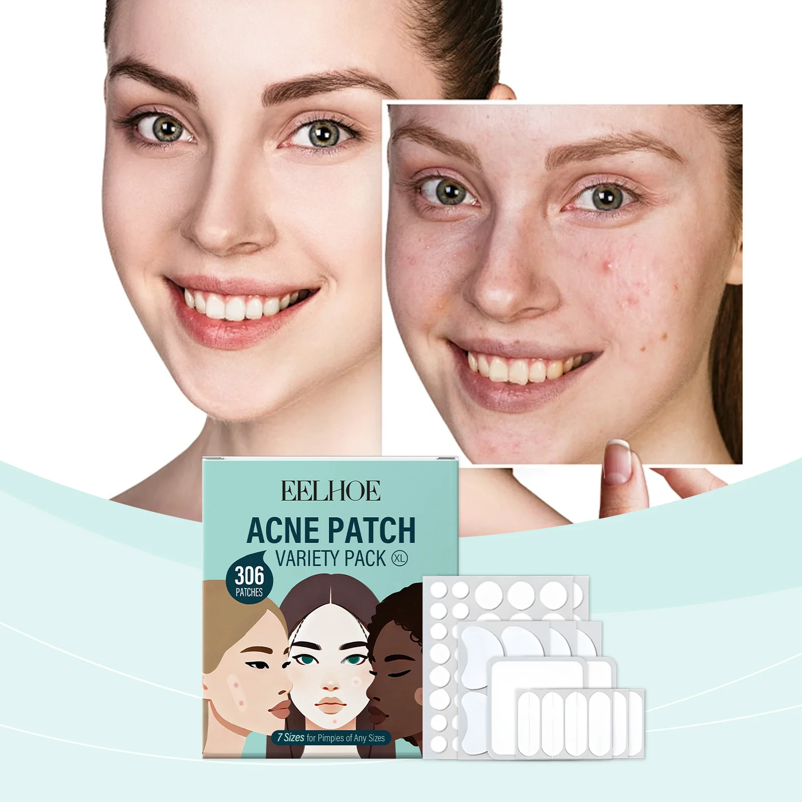 Acne Patches Skincare Set for Pimple Treatment with Tea Tree Oil, Variety Pack of 7 Shapes & Sizes (306pcs) 2 eelhoe acne patches skincare set 306pcs variety pack cih k2fmycdd desc 2