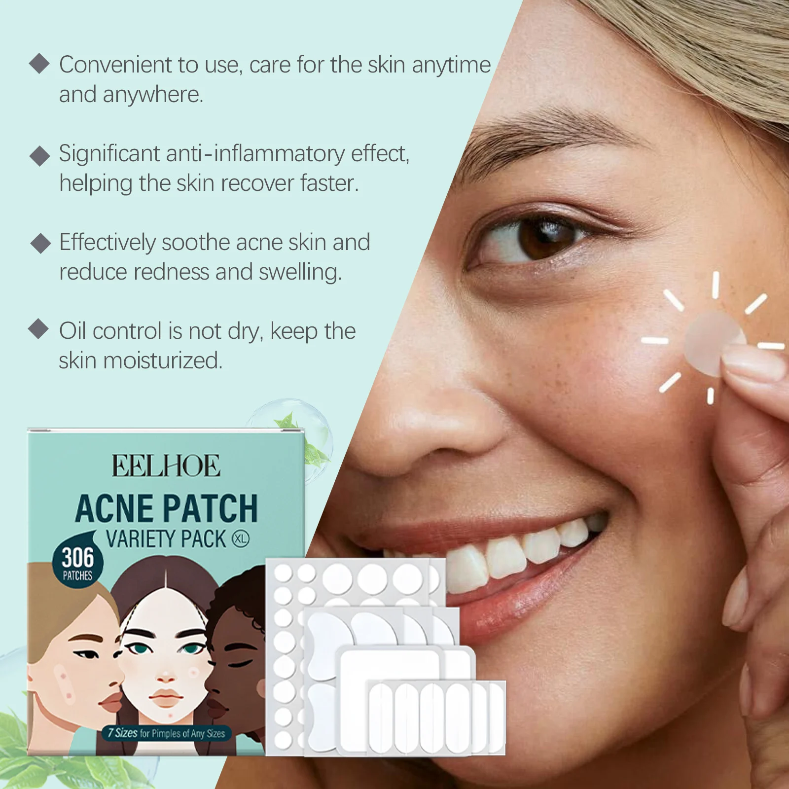 Acne Patches Skincare Set for Pimple Treatment with Tea Tree Oil, Variety Pack of 7 Shapes & Sizes (306pcs) 7 eelhoe acne patches skincare set 306pcs variety pack cih k2fmycdd desc 7