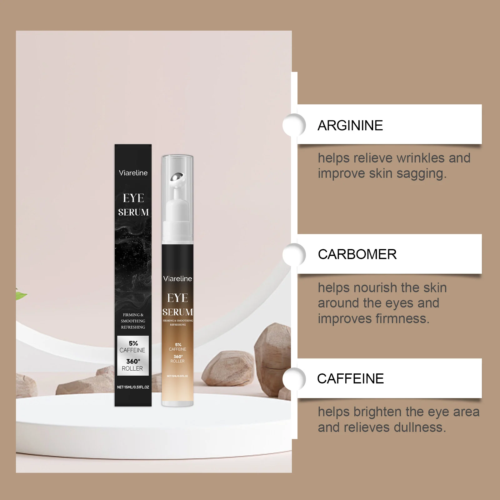 Viareline Eye Serum Firming & Smoothing Eye Cream with Caffeine Roller for Wrinkles Reduction 8 eye serum firming cream der p7w6vwcp desc 8