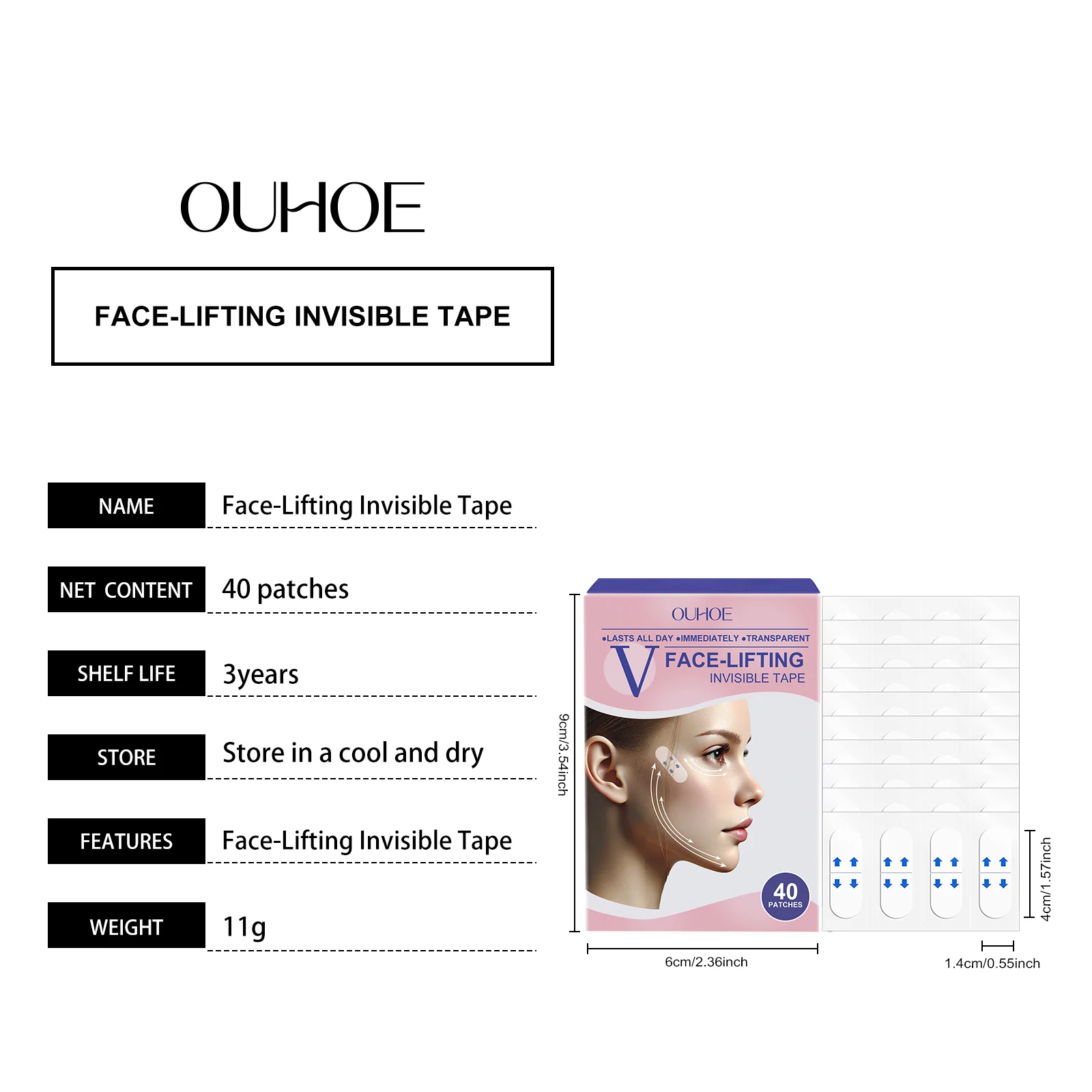 Face Lifting Tape Instant Tightening & Firming V-Line Transparent Patches 40pcs 1 face lifting tape transparent tightening v line patches cih u7aj4csk desc 1 1
