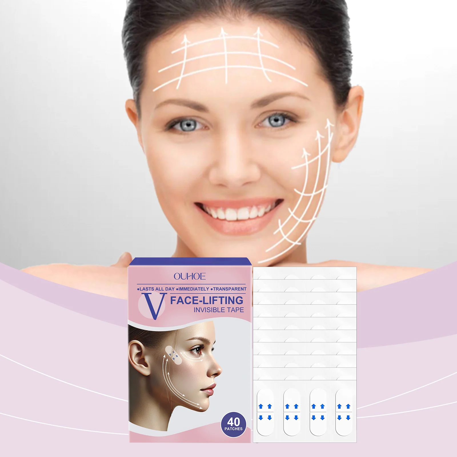 Face Lifting Tape Instant Tightening & Firming V-Line Transparent Patches 40pcs 2 face lifting tape transparent tightening v line patches cih u7aj4csk desc 2 1