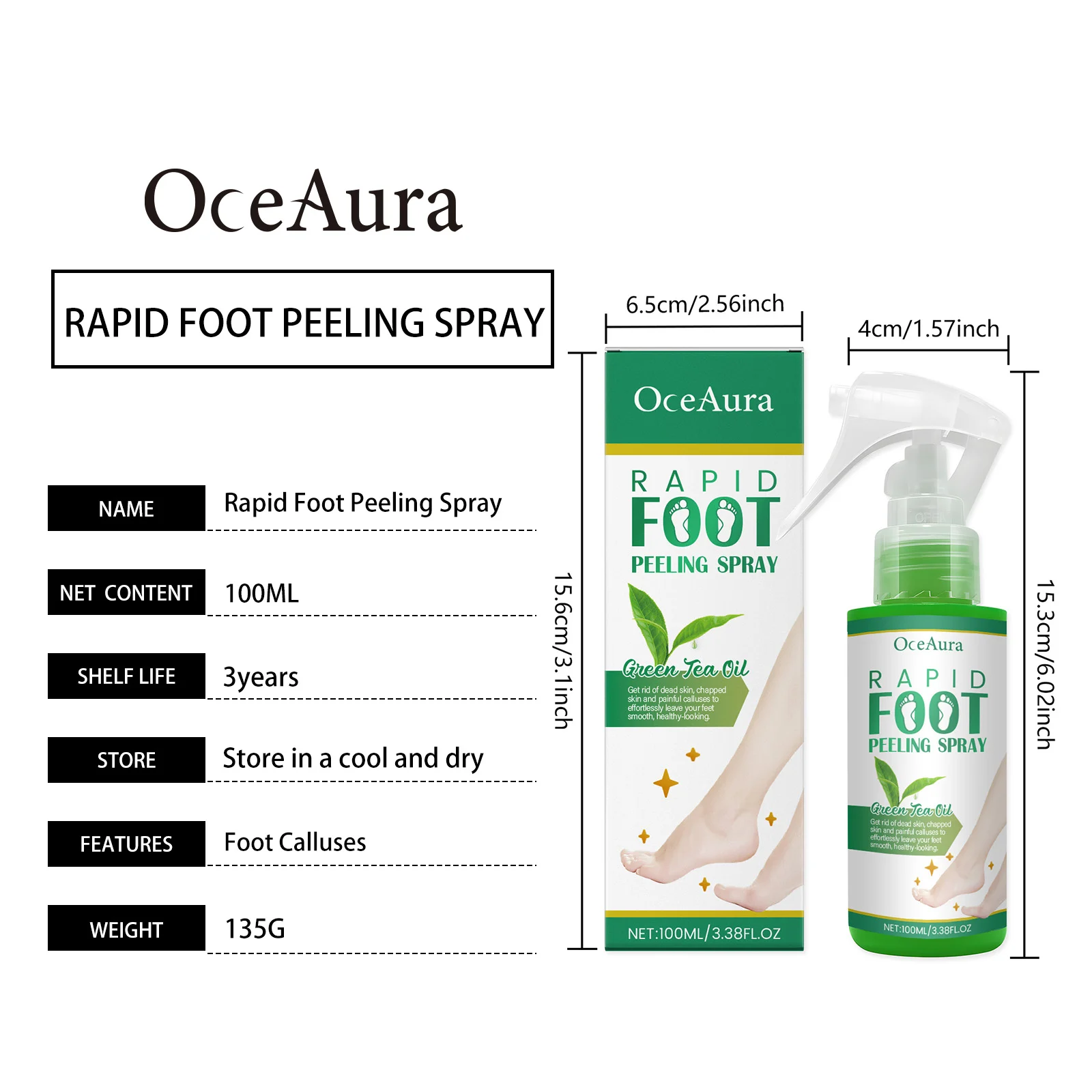 OceAura Rapid Foot Peeling Spray with Hyaluronic Acid and Green Tea Oil for Soft, Smooth Feet 1 foot peeling spray cih 2baxmujp desc 1