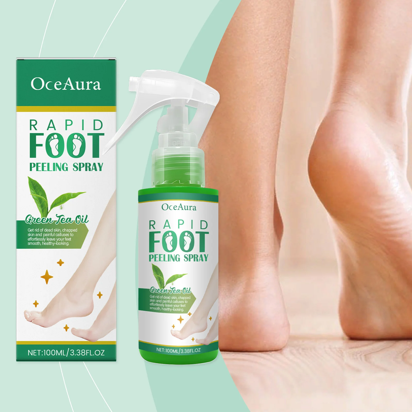 OceAura Rapid Foot Peeling Spray with Hyaluronic Acid and Green Tea Oil for Soft, Smooth Feet 2 foot peeling spray cih 2baxmujp desc 2