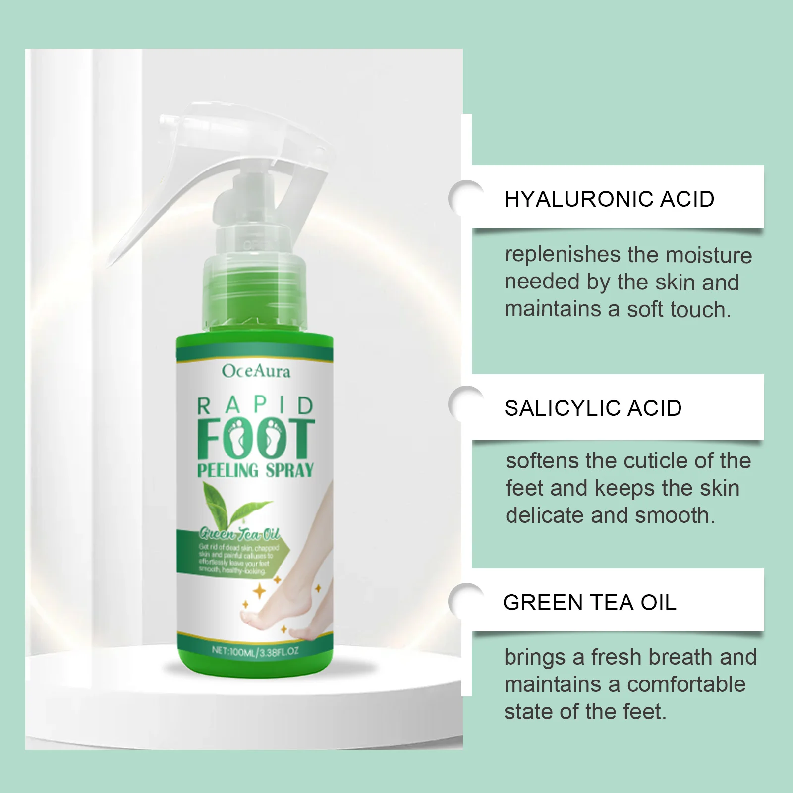 OceAura Rapid Foot Peeling Spray with Hyaluronic Acid and Green Tea Oil for Soft, Smooth Feet 5 foot peeling spray cih 2baxmujp desc 5