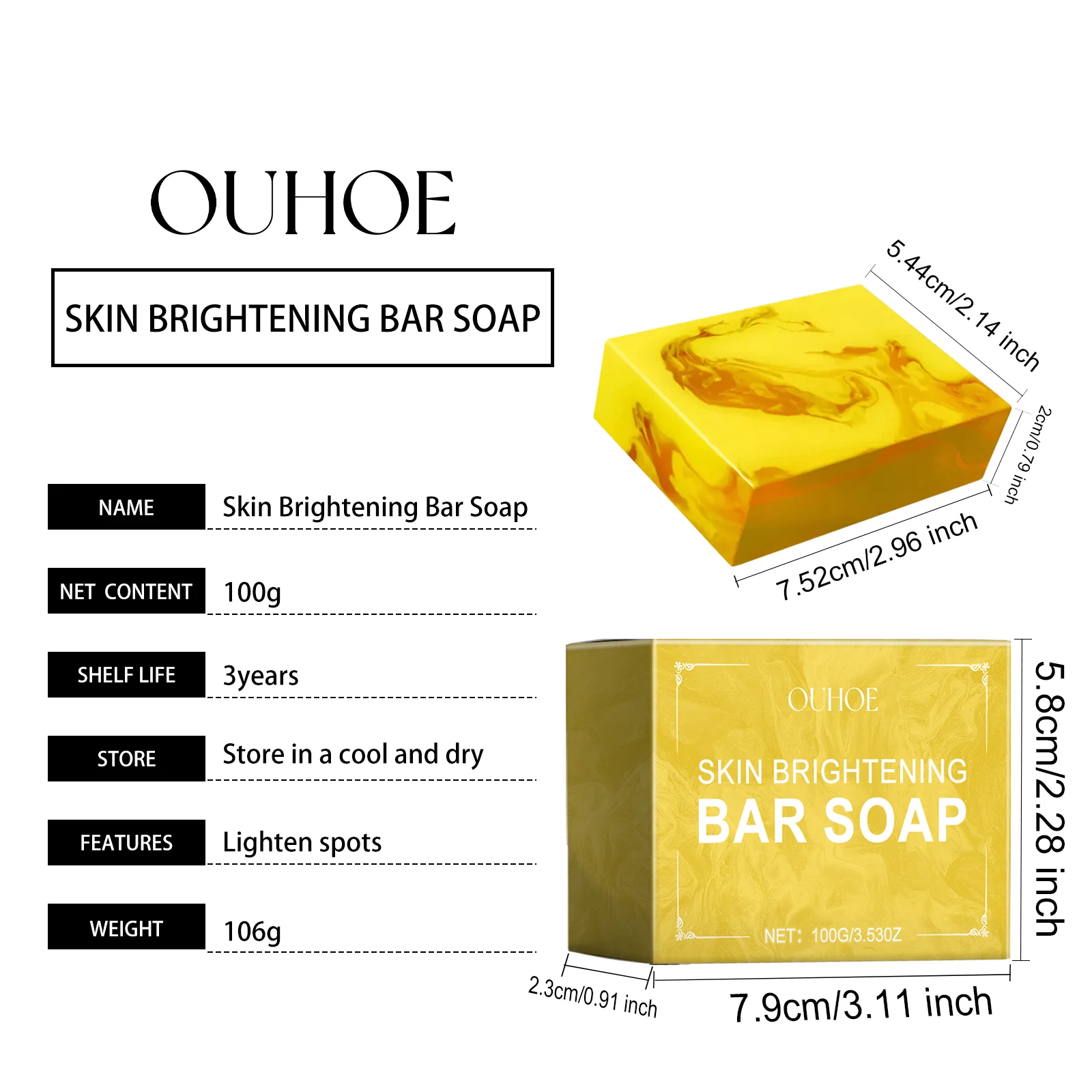 OUHOE Kojic Acid Brightening Bar Soap - Fade Dark Spots, Even Skin Tone, Gentle Cleansing 1 kojic acid brightening bar soap cih m49tf3by desc 1