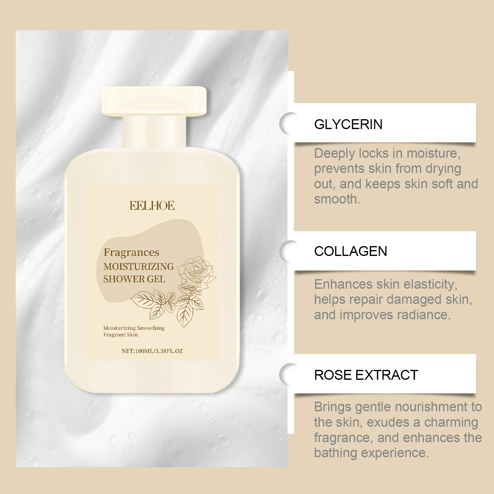 Moisturizing Shower Gel 100ml with Collagen & Rose Extract for Smooth Skin 8 moisturizing shower gel 100ml with collagen rose extract cih hczhct68 desc 8