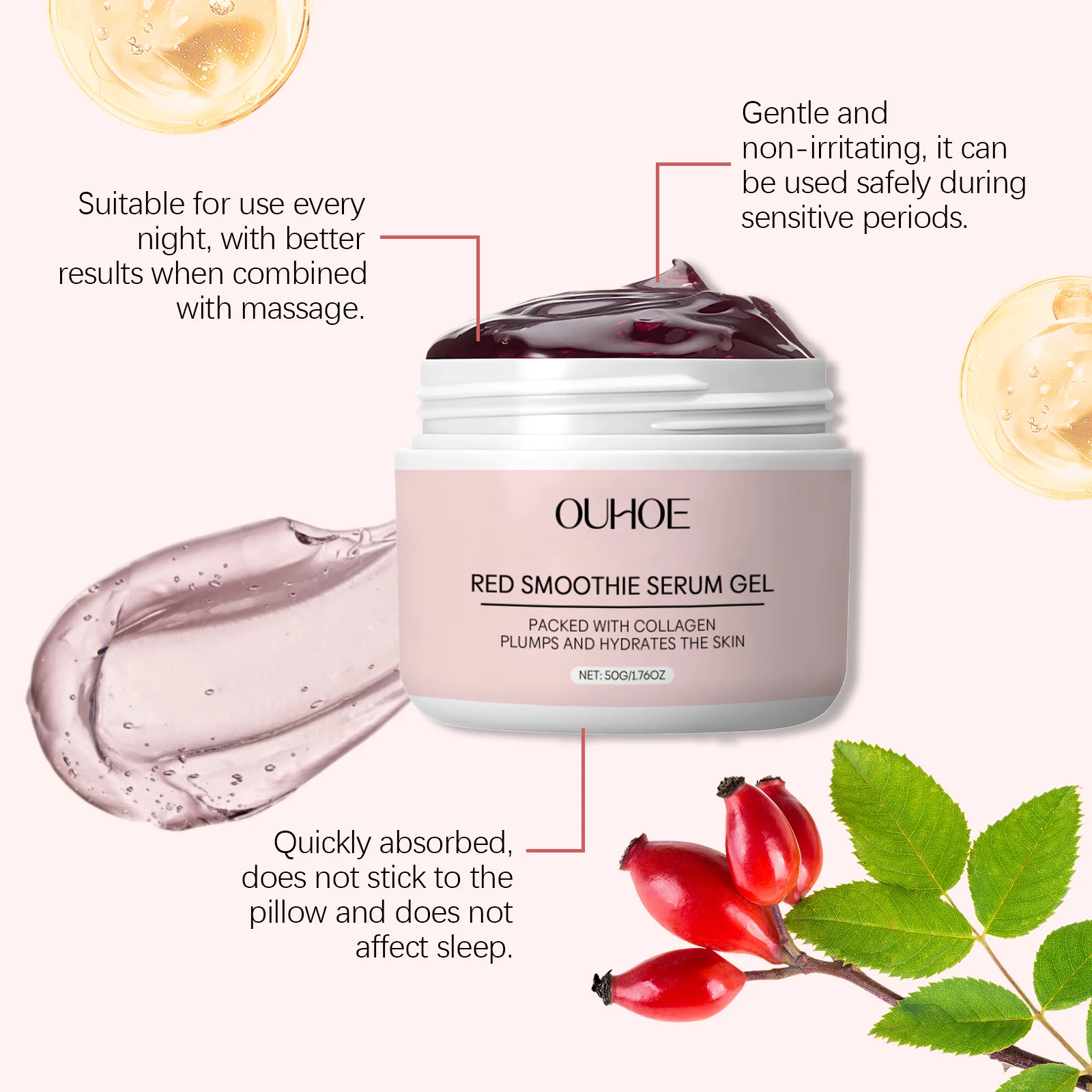OUHOE Red Smoothie Night Serum Gel with Collagen, Plumps and Hydrates Skin, 50g 6 night hydrating serum gel der byujykge desc 6