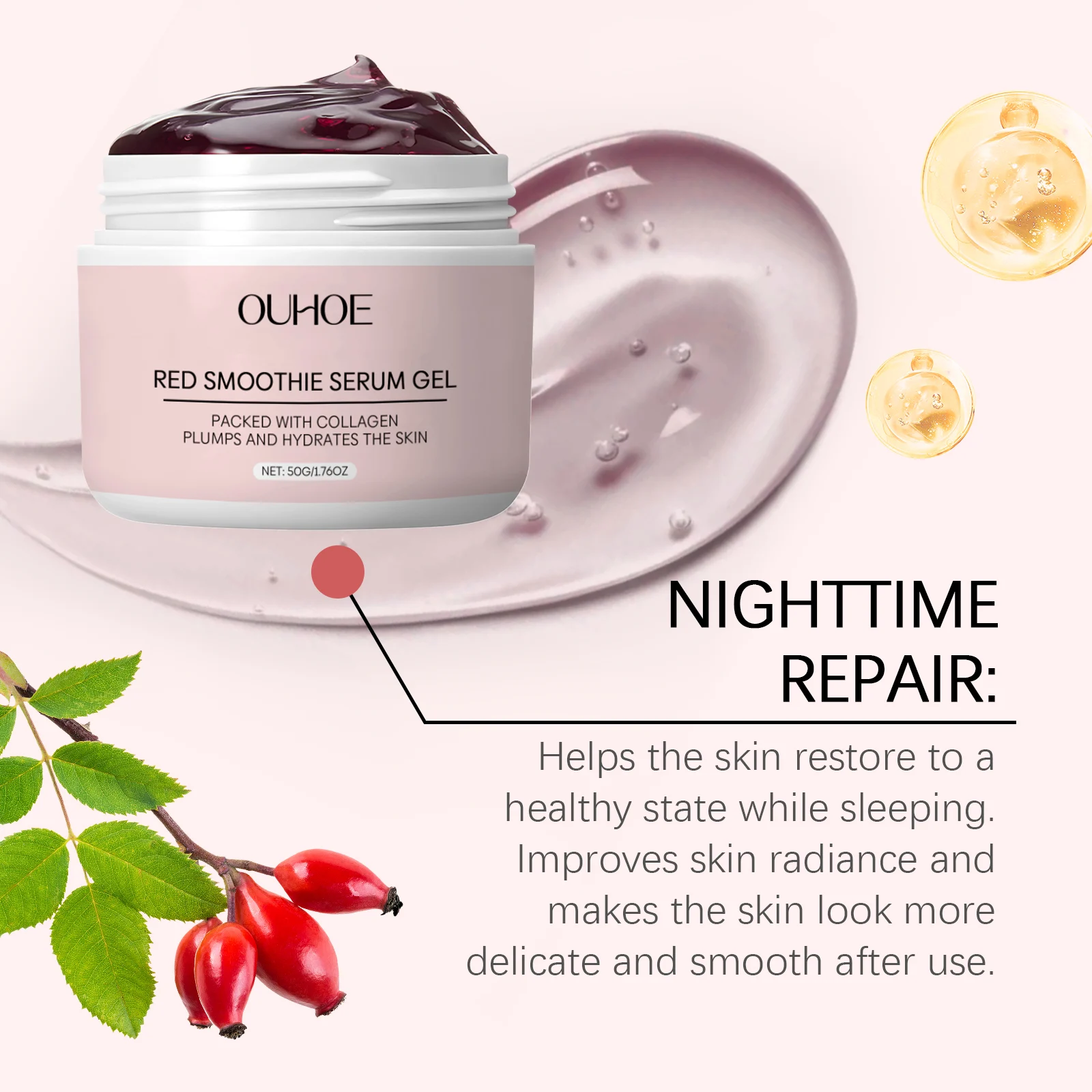 OUHOE Red Smoothie Night Serum Gel with Collagen, Plumps and Hydrates Skin, 50g 7 night hydrating serum gel der byujykge desc 7