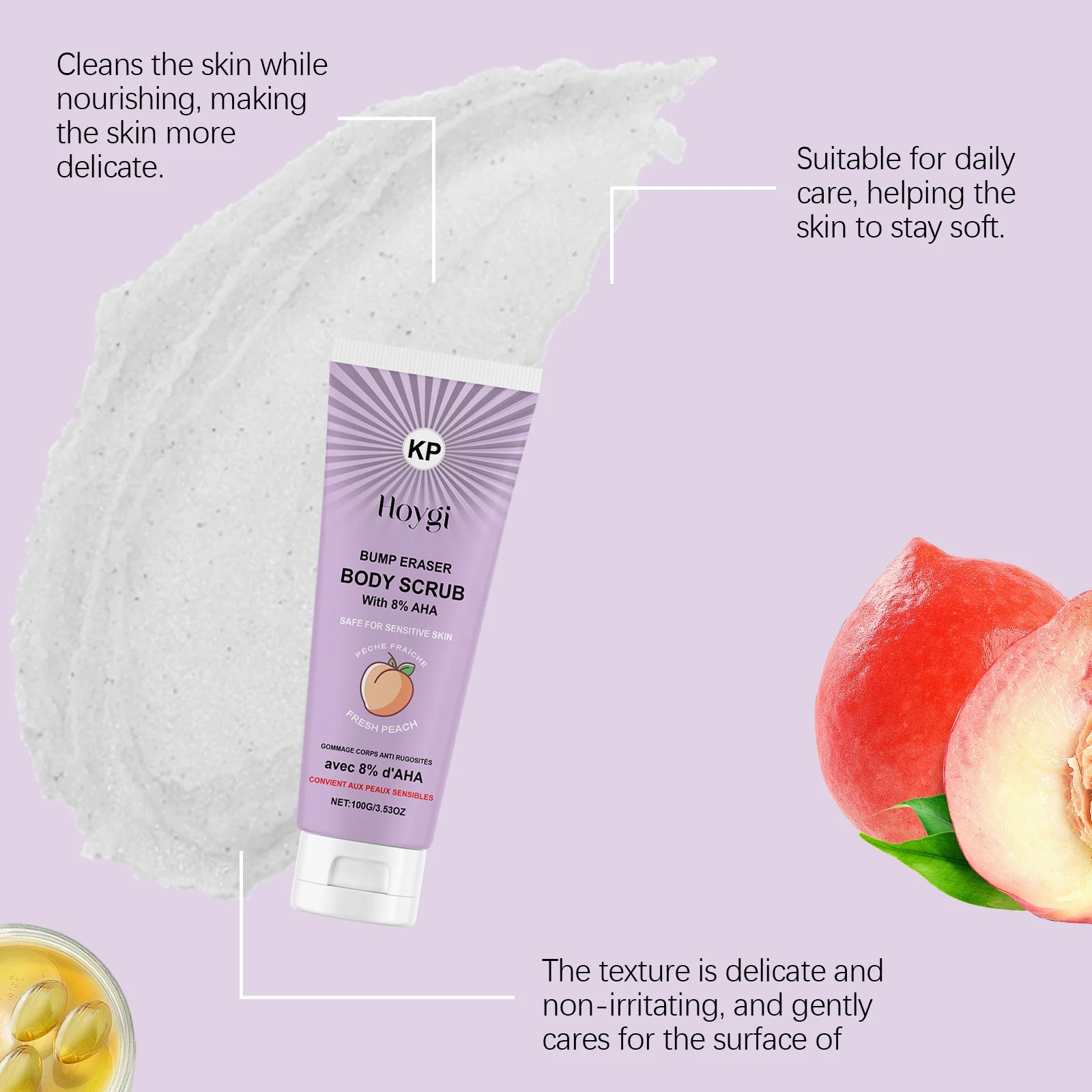 Hoygi Peach Body Scrub with 8% AHA for Exfoliation & Moisturizing, Suitable for Sensitive Skin 8 peach body scrub cih twwutb69 desc 8