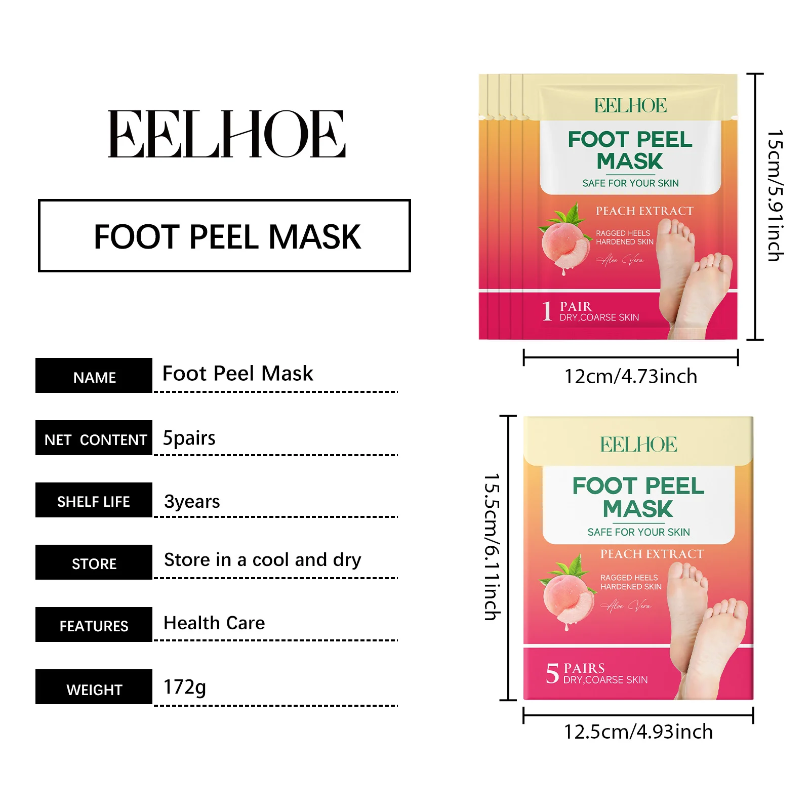 Peach Foot Peel Mask 5 Pairs for Dry Rough Heels & Hard Skin Exfoliation 1 peach foot peel mask 5 pairs der b524cz8k desc 1