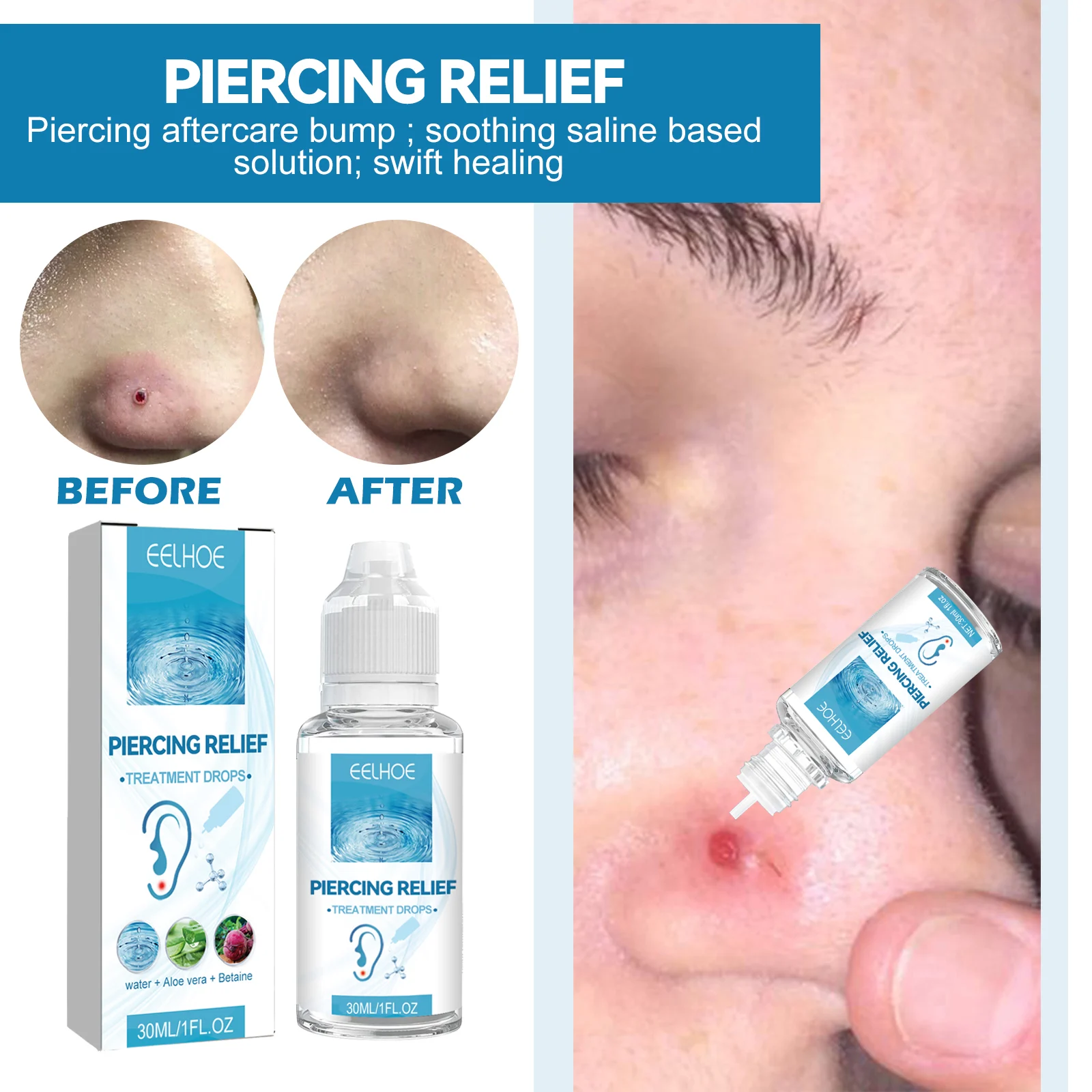 Piercing Aftercare Solution Drops for Keloids and Bumps with Saline and Aloe Vera 30ml 6 piercing aftercare solution drops keloids bumps 30ml cih q32fmaq2 desc 6
