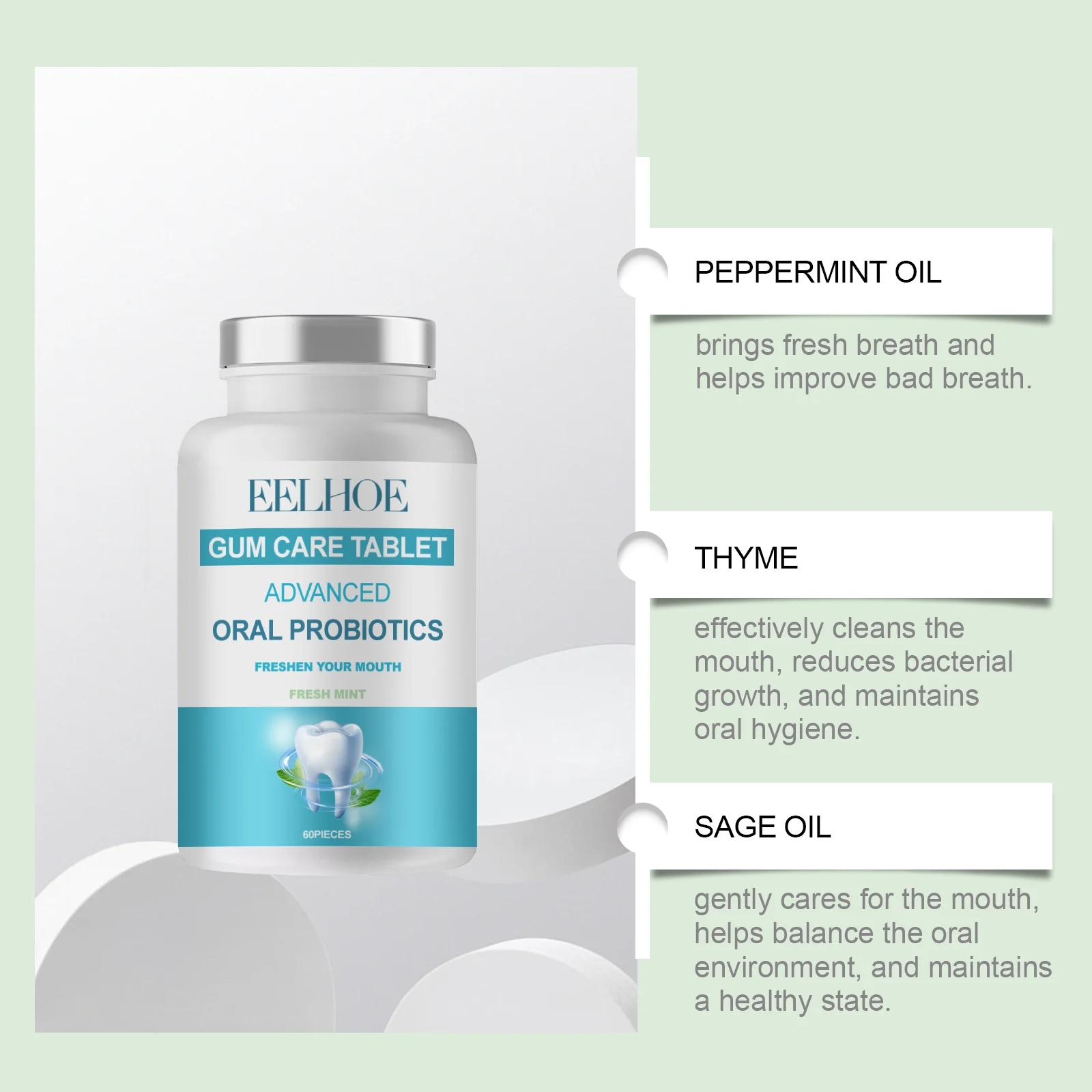 Probiotic Oral Care Tablets Portable Gum Care Freshening Tablets with Peppermint Oil & Sage Oil 60 Pieces 5 probiotic oral care tablets peppermint sage oil 60 pieces cih 56u5nvtg desc 5