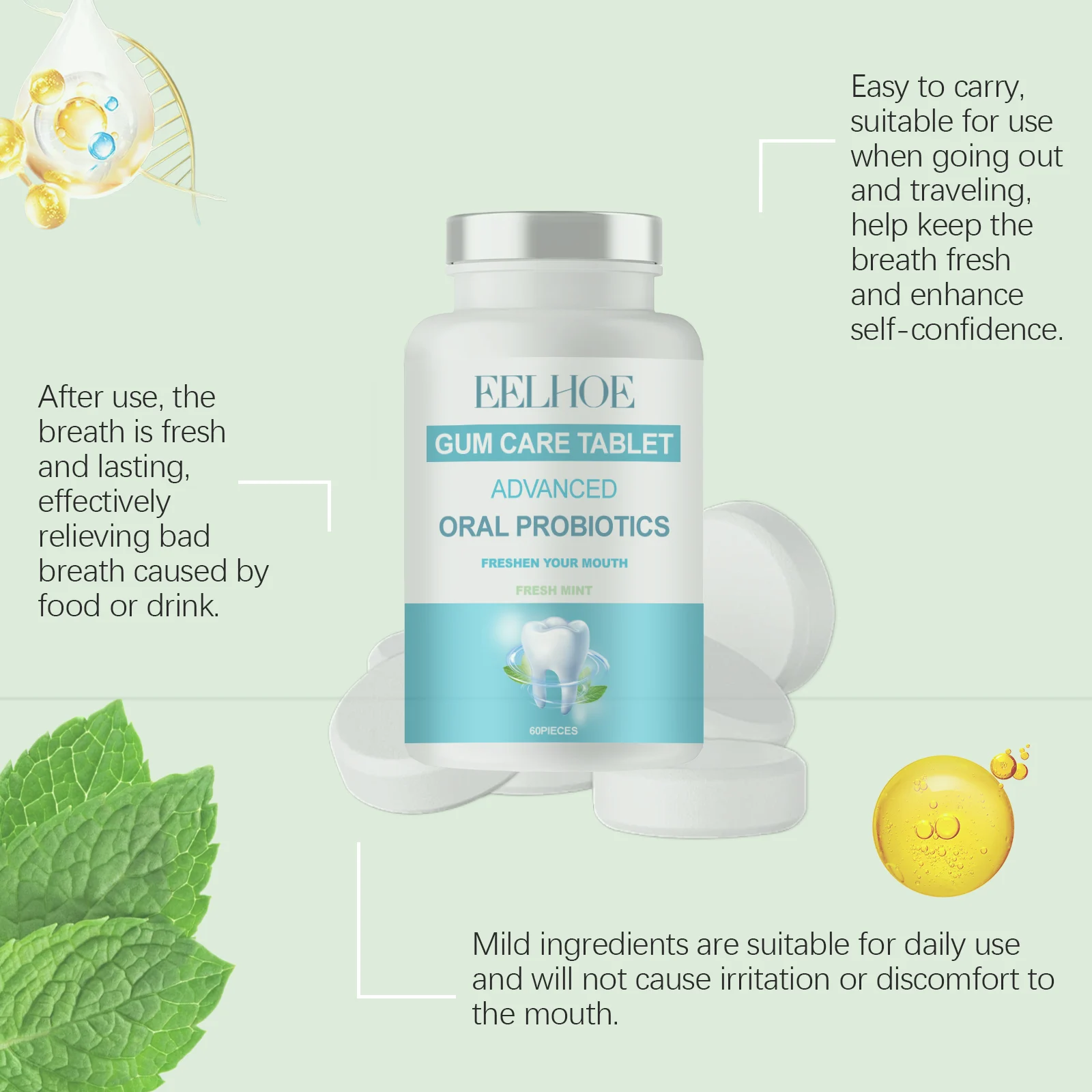 Probiotic Oral Care Tablets Portable Gum Care Freshening Tablets with Peppermint Oil & Sage Oil 60 Pieces 6 probiotic oral care tablets peppermint sage oil 60 pieces cih 56u5nvtg desc 6