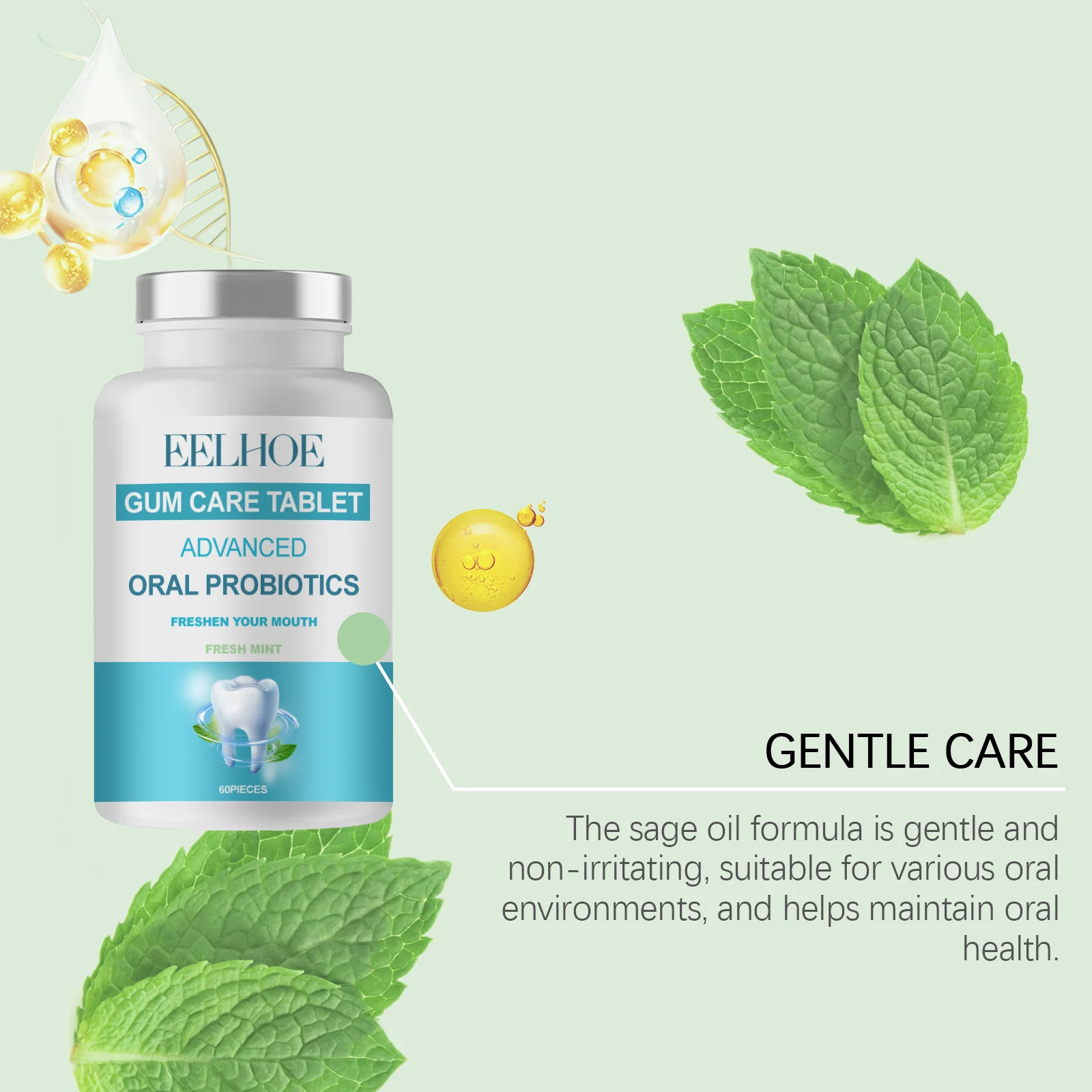 Probiotic Oral Care Tablets Portable Gum Care Freshening Tablets with Peppermint Oil & Sage Oil 60 Pieces 7 probiotic oral care tablets peppermint sage oil 60 pieces cih 56u5nvtg desc 7