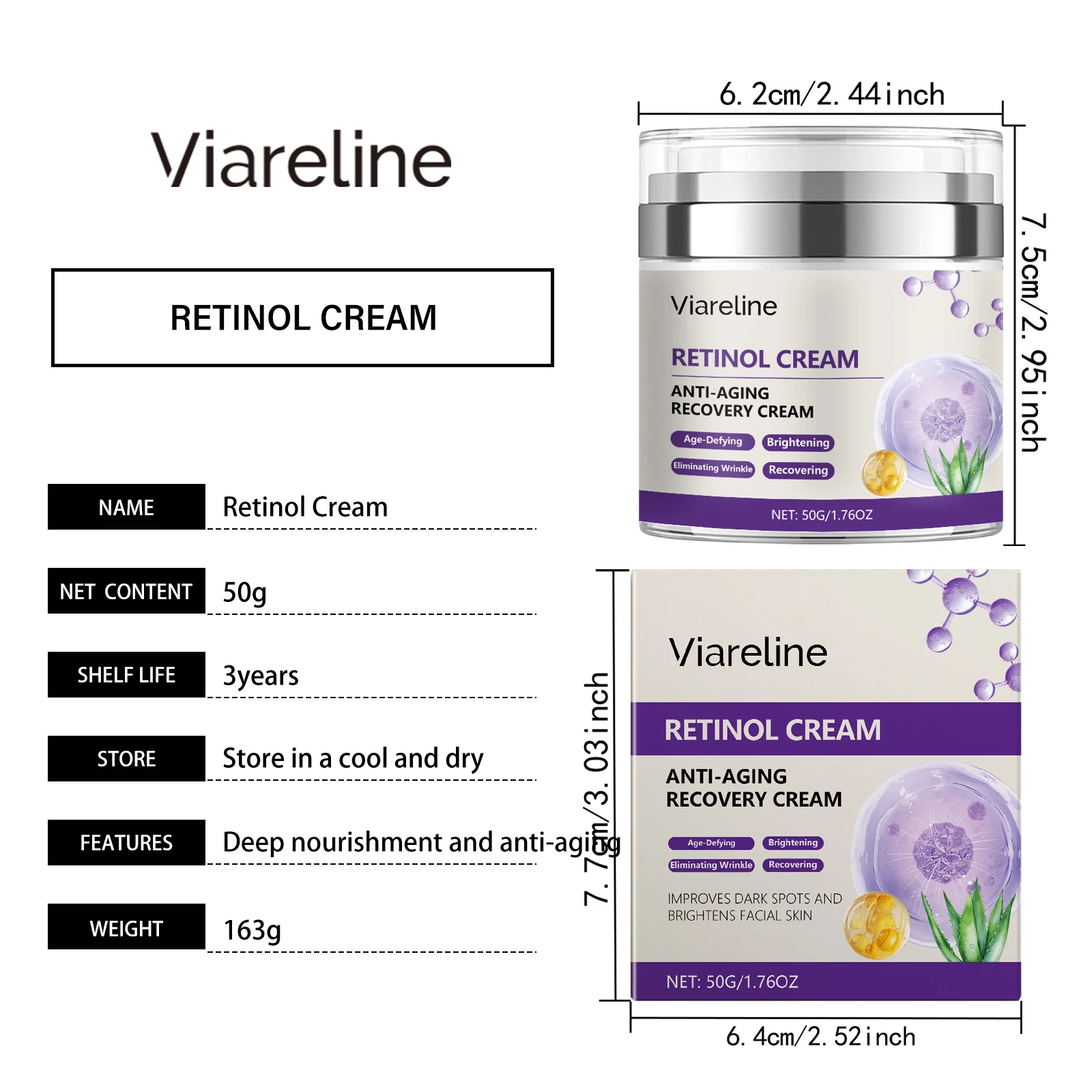 Viareline Retinol Anti-Aging Recovery Cream - Moisturizing, Brightening & Wrinkle Reducing 1 retinol anti aging moisturizer cream cih u547de8j desc 1