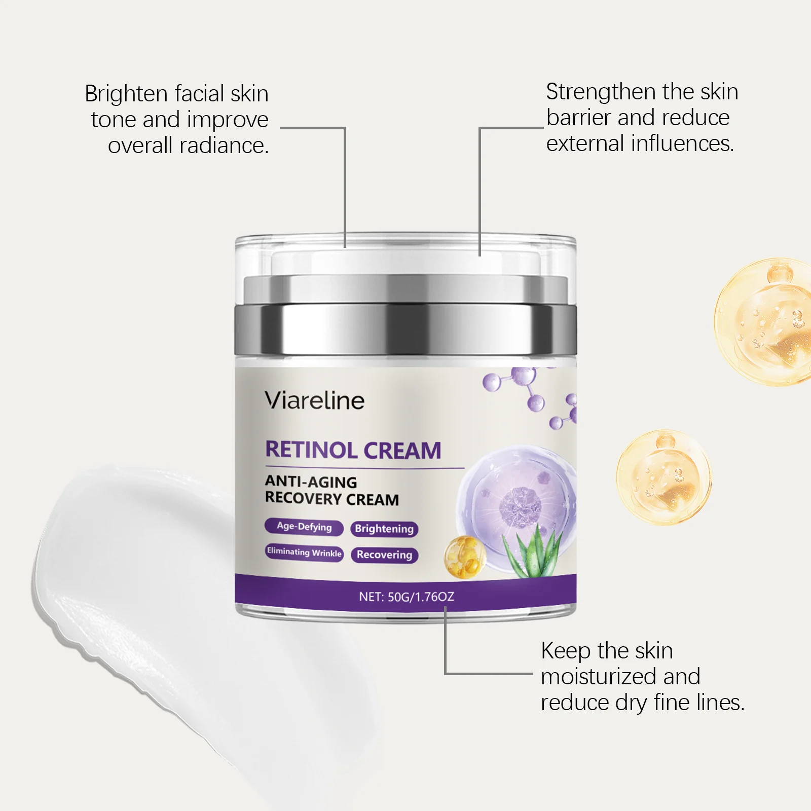 Viareline Retinol Anti-Aging Recovery Cream - Moisturizing, Brightening & Wrinkle Reducing 6 retinol anti aging moisturizer cream cih u547de8j desc 6