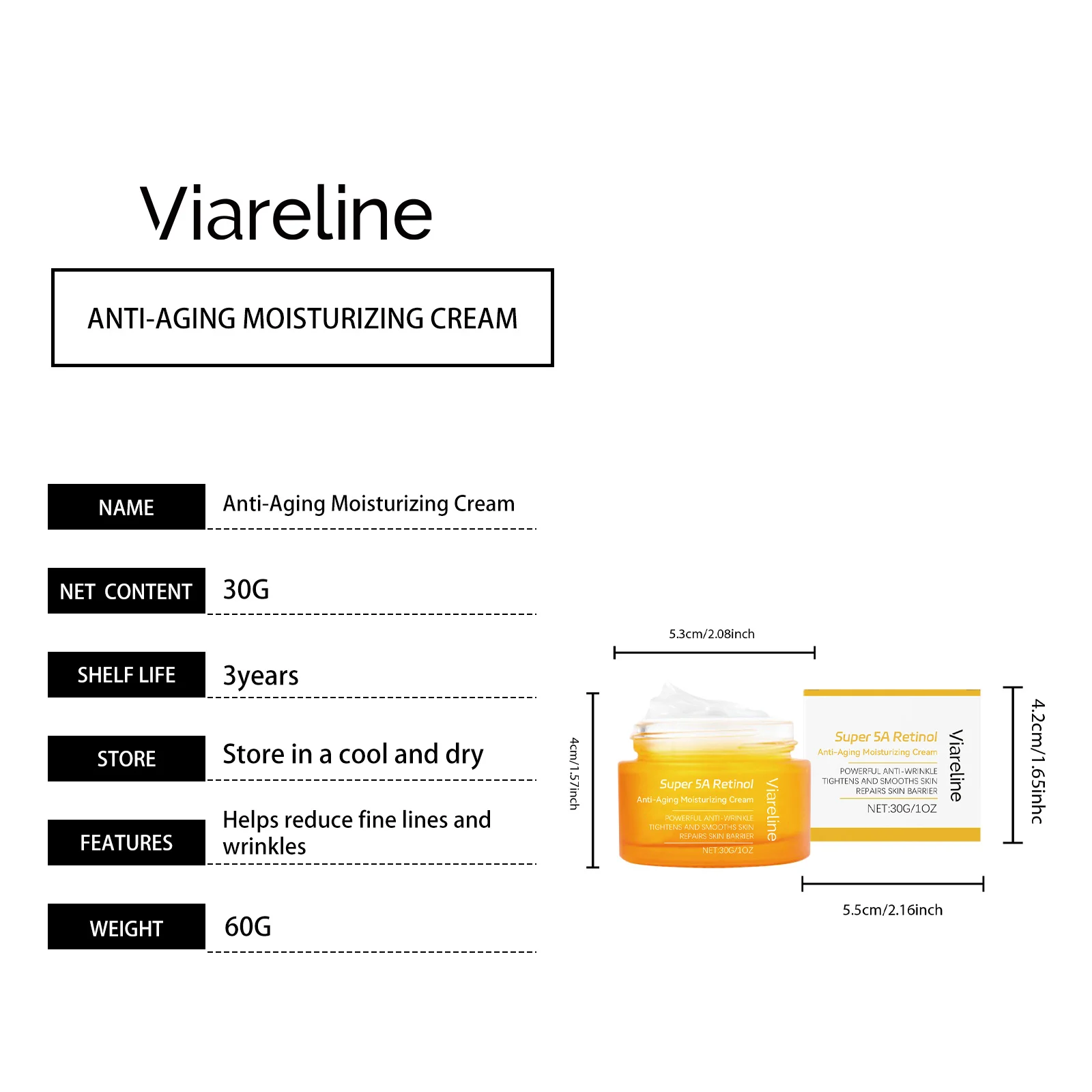 Viareline Retinol Anti-Aging Moisturizing Cream - Hydrates & Reduces Wrinkles 1 retinol anti aging moisturizing cream der 2ds92j8x desc 1