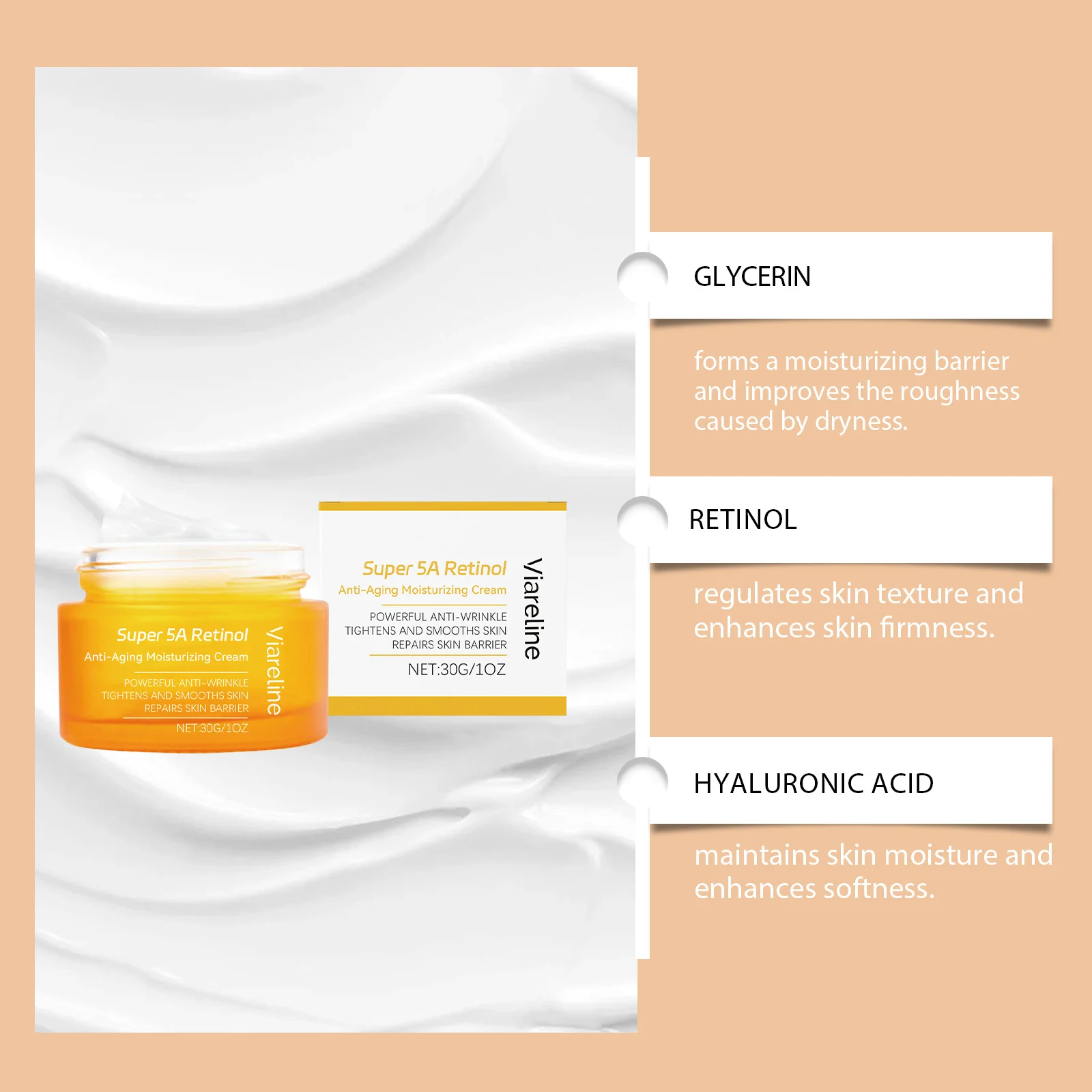 Viareline Retinol Anti-Aging Moisturizing Cream - Hydrates & Reduces Wrinkles 5 retinol anti aging moisturizing cream der 2ds92j8x desc 5