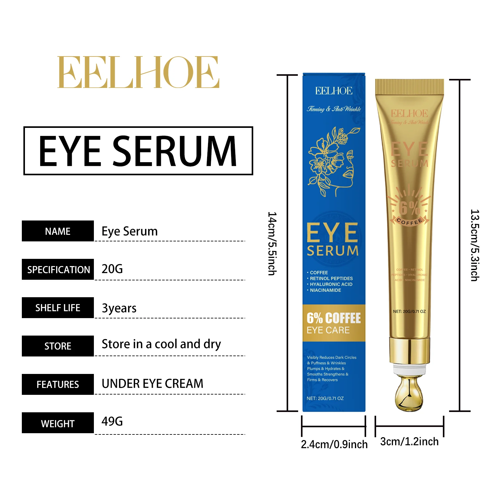 Retinol Eye Serum with Coffee Extract 20g - Reduces Dark Circles, Puffiness & Wrinkles 1 retinol eye serum coffee extract 20g cih a59rfp3s desc 1