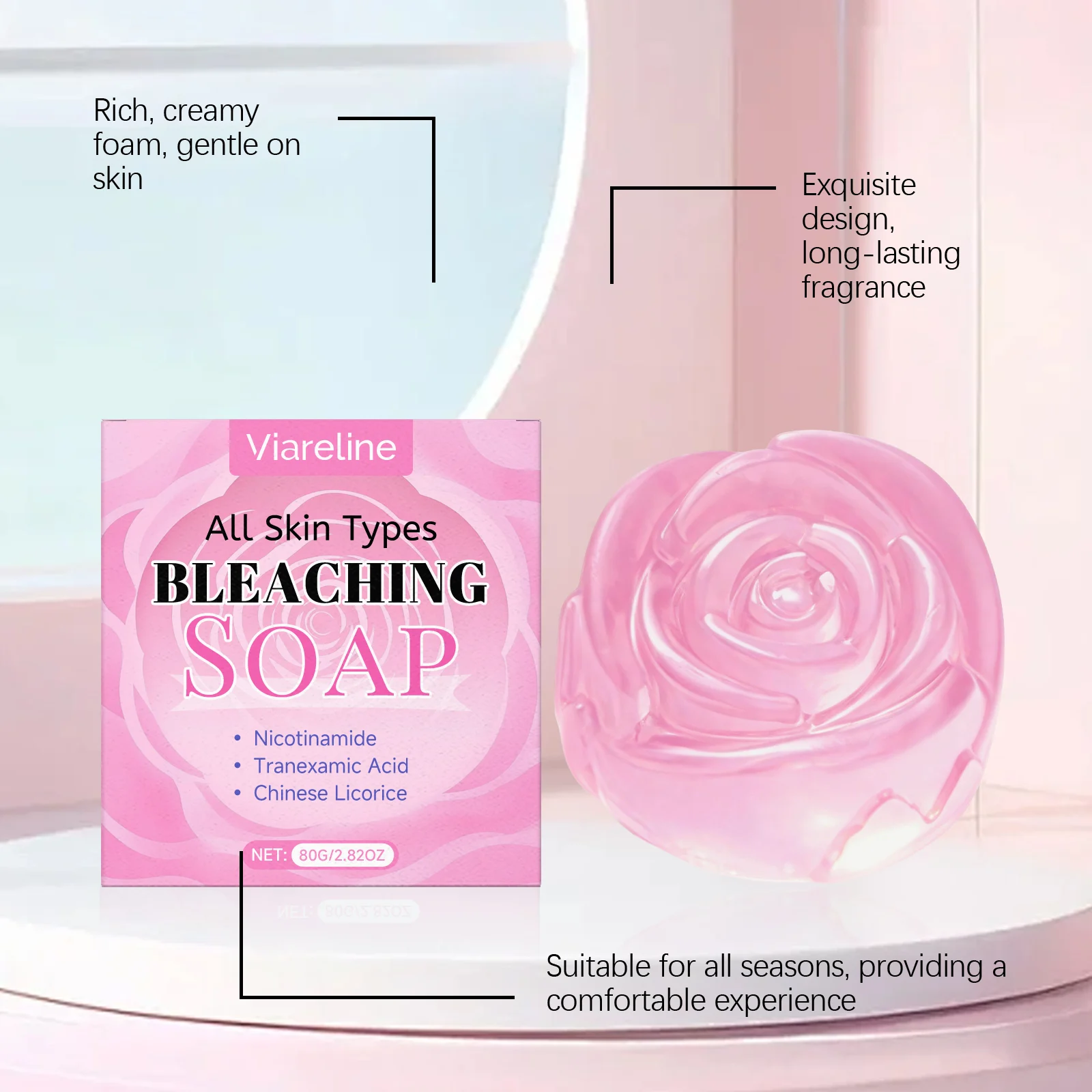 Viareline Rose Oil Cleansing Soap 80g for All Skin Types, Gentle Bleaching & Moisturizing 6 rose oil bleaching soap der 8s8g8zp3 desc 6