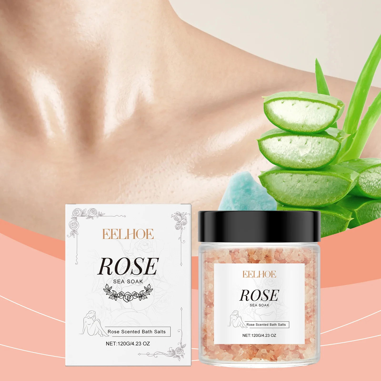 Rose Bath Salts for Skin Moisturizing and Exfoliation with Aloe and Vitamin E 120g 2 rose scented bath salts 120g cih dp5vamsy desc 2