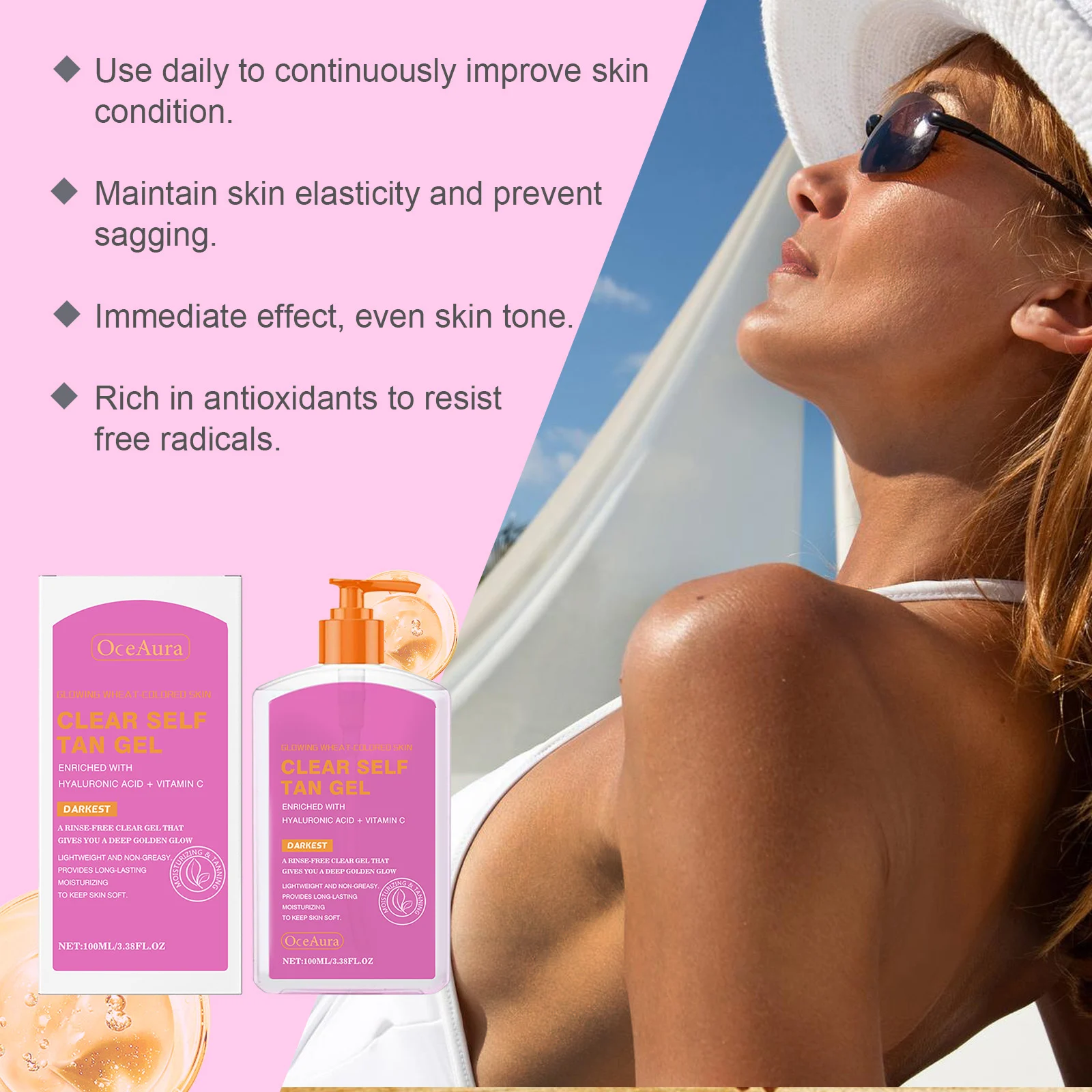 Self Tan Gel 100ml for Glowing Wheat-Colored Skin with Hyaluronic Acid & Vitamin C 5 self tan gel moisturizing 100ml hyaluronic acid vitamin c cih b75ds5n3 desc 5
