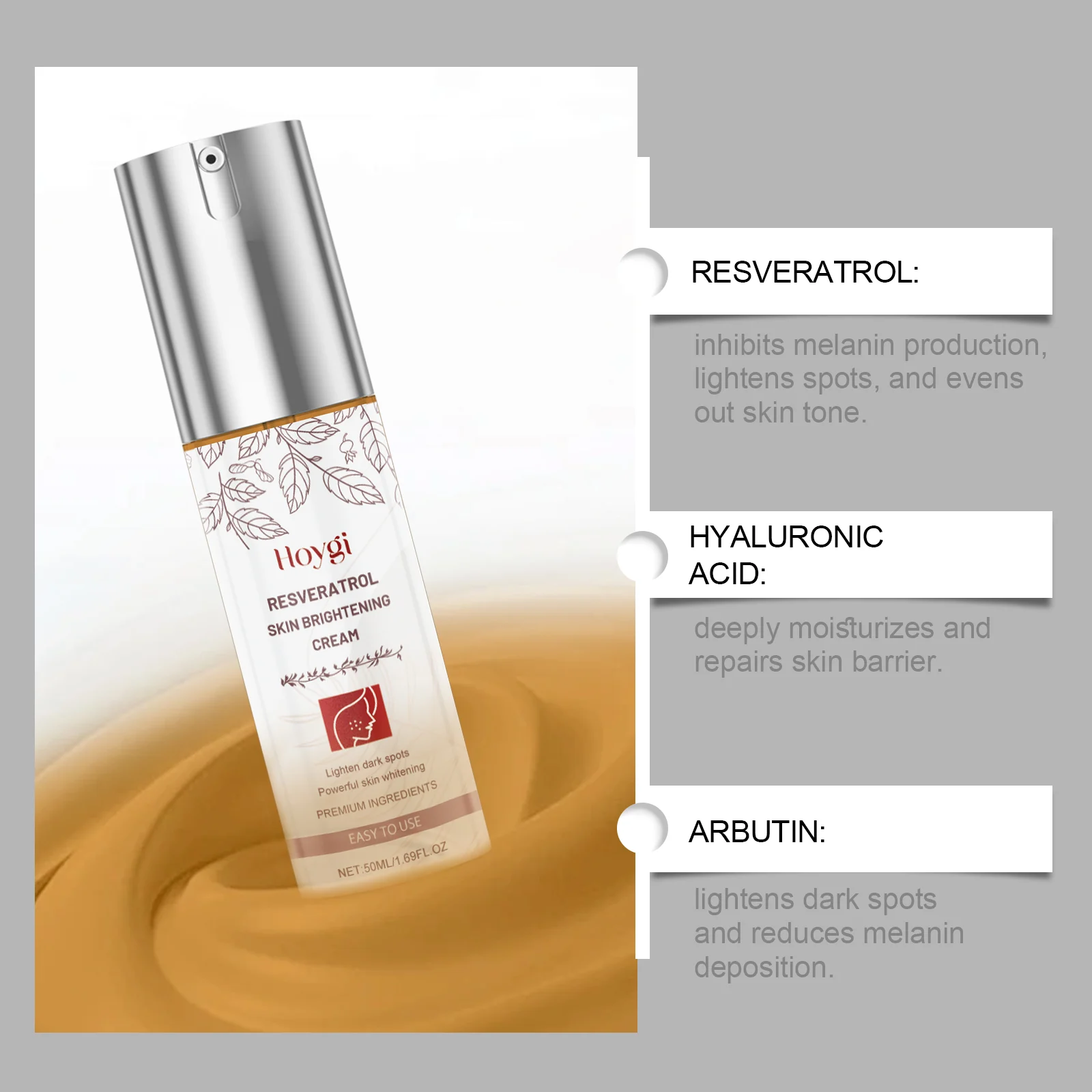 Hoygi Resveratrol Skin Brightening Cream with Hyaluronic Acid & Arbutin for Daily Moisturizing 5 skin brightening moisturizing cream cih zvg5d9y7 desc 5 1