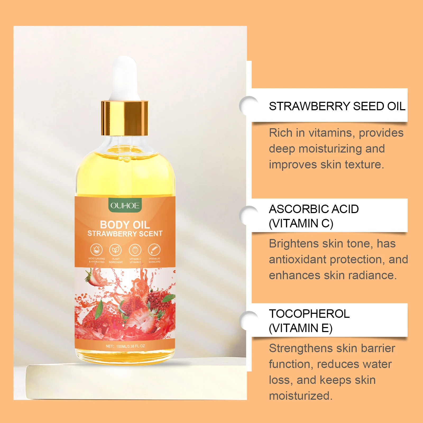 OUHOE Strawberry Body Oil - Moisturizing, Nourishing, Antioxidant, Vitamin C & E 8 strawberry body oil cih kfnpjmep desc 8