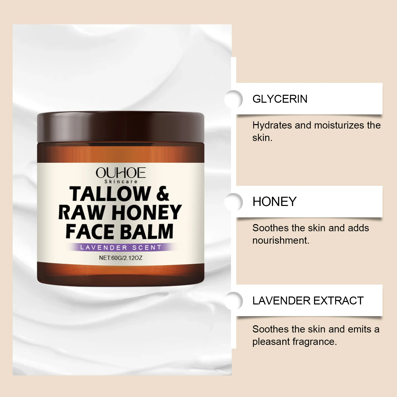 OUHOE Tallow & Raw Honey Face Balm Deep Moisturizing Long-Lasting Hydration Lavender Scent 7 tallow honey face balm moisturizer der p9y3h7xw desc 7