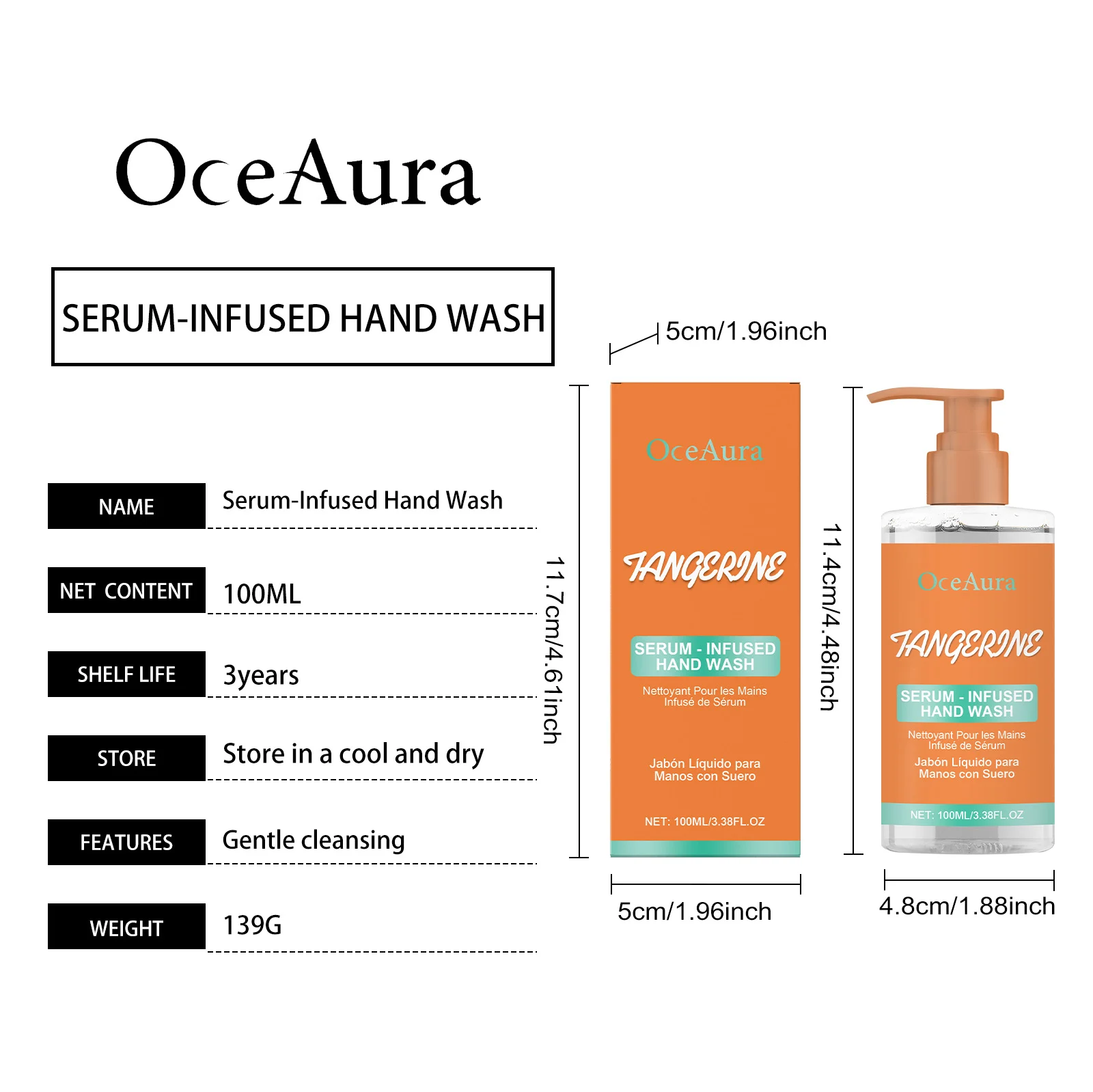 OceAura Tangerine Serum-Infused Hand Wash Gentle Cleansing Long-Lasting Moisturizing 1 tangerine serum hand wash cih 2despxby desc 1