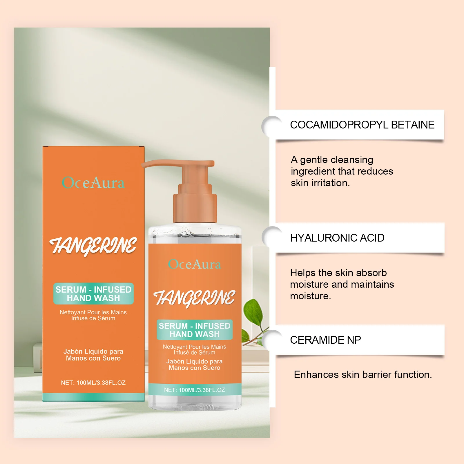 OceAura Tangerine Serum-Infused Hand Wash Gentle Cleansing Long-Lasting Moisturizing 5 tangerine serum hand wash cih 2despxby desc 5