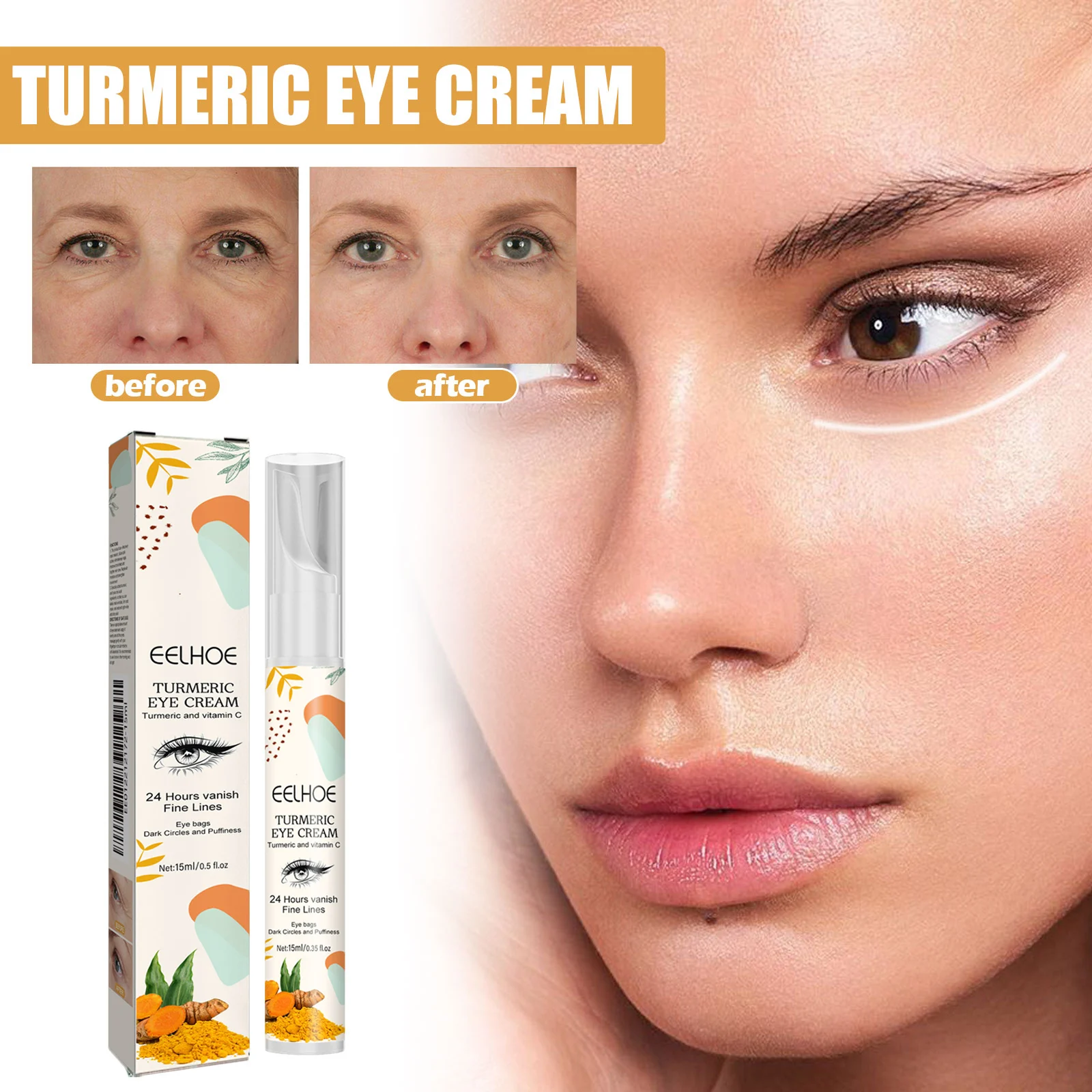 Turmeric Eye Cream 15ml for Dark Circles, Wrinkles & Puffiness - Brightening & Hydrating Under Eye Treatment 1 turmeric eye cream 15ml dark circles wrinkles puffiness cih 2t32syju desc 1