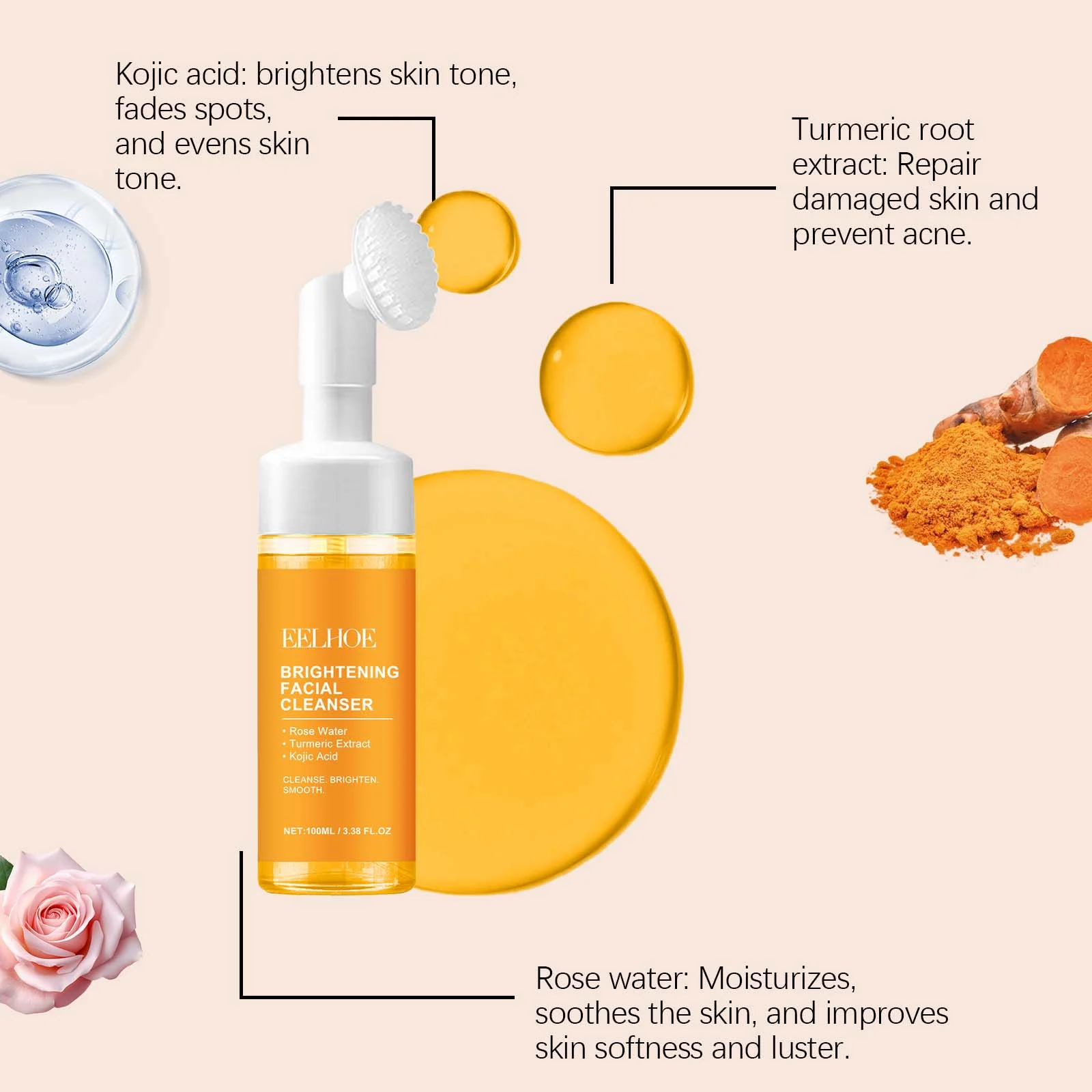 Turmeric Tightening Pore Cleansing Foam, Brightening Facial Cleanser with Kojic Acid & Rose Water, 100ml 6 turmeric tightening pore cleansing foam 100ml cih s9k2krf3 desc 6