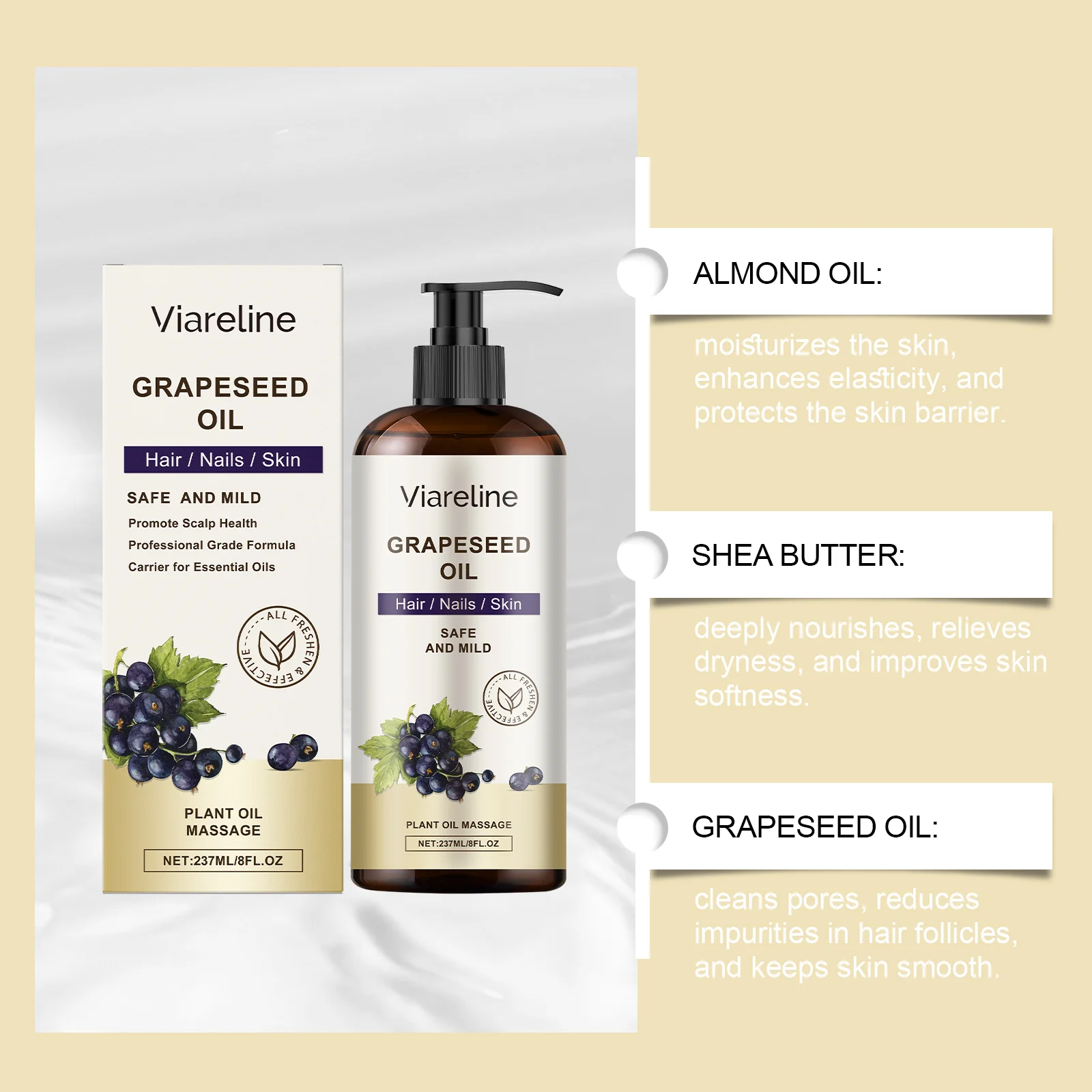 Grapeseed Care Oil 237ml Multi-Purpose Nourishing & Moisturizing for Hair, Skin & Nails 5 viareline grapeseed care oil 237ml cih ffm2hjra desc 5