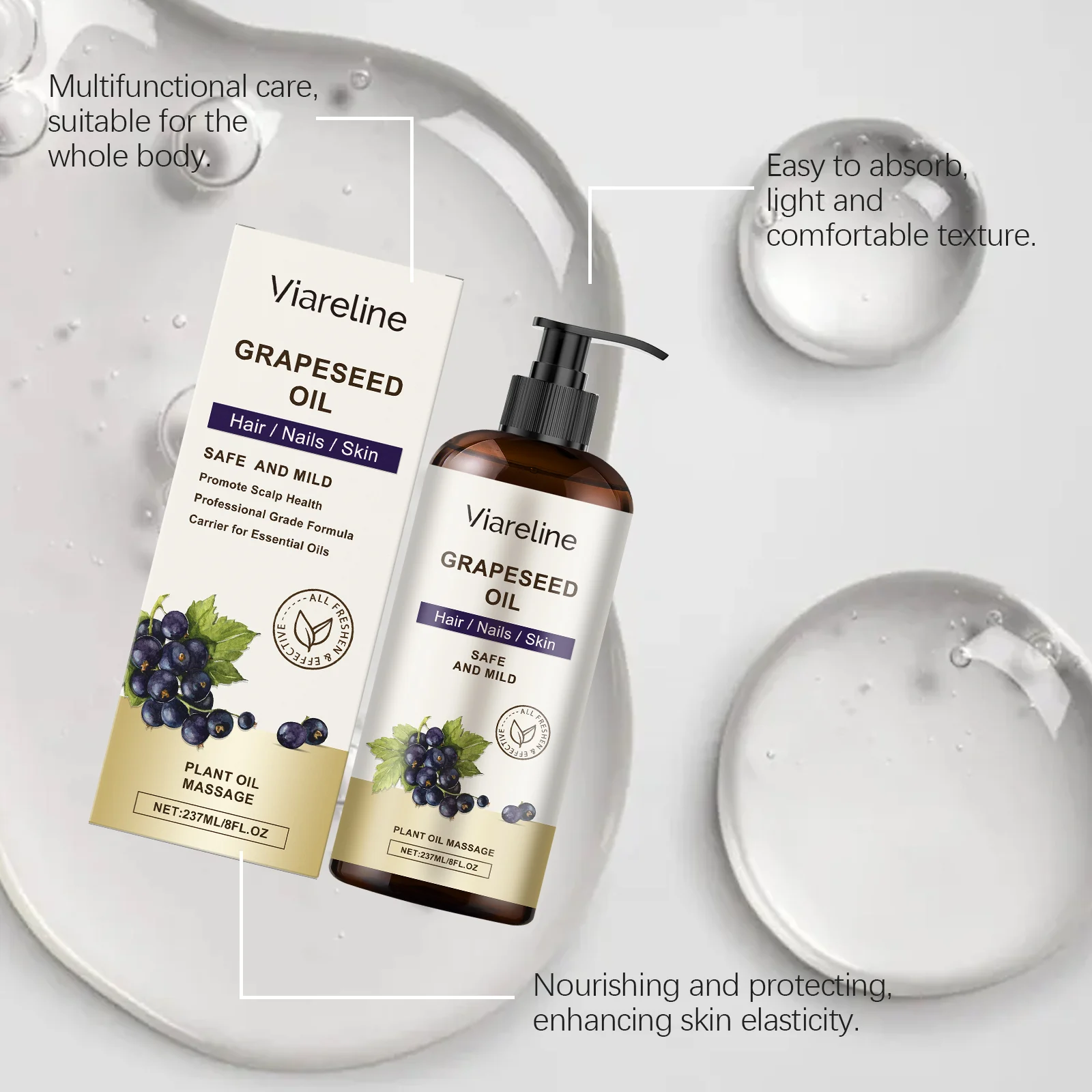 Grapeseed Care Oil 237ml Multi-Purpose Nourishing & Moisturizing for Hair, Skin & Nails 6 viareline grapeseed care oil 237ml cih ffm2hjra desc 6