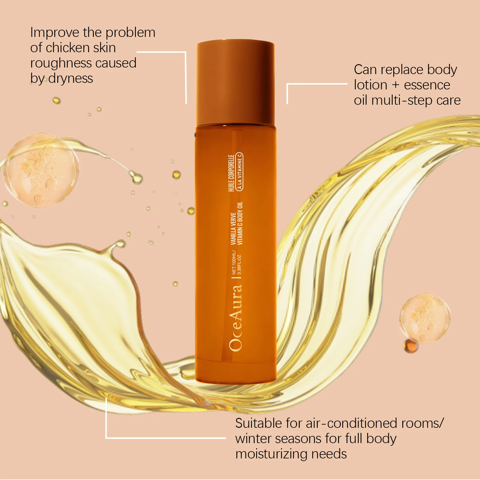 Vitamin C Body Oil 100ml Nourishing Moisturizing Dry Skin Lightweight Non-Sticky 8 vitamin c body oil 100ml cih quj8yvew desc 8