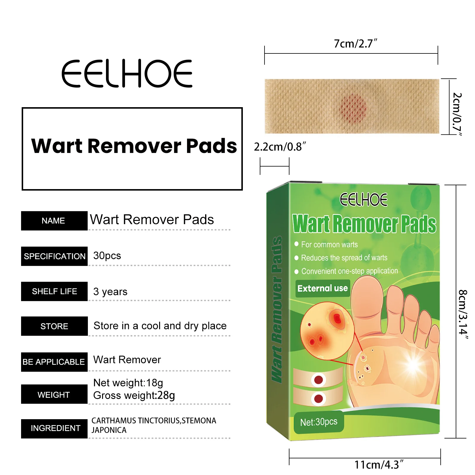 Wart Remover Pads for Common & Flat Warts, Corns, Calluses - 30 Pads, 7x2cm 1 wart remover pads 30pcs 7x2cm cih 73rdc3hu desc 1